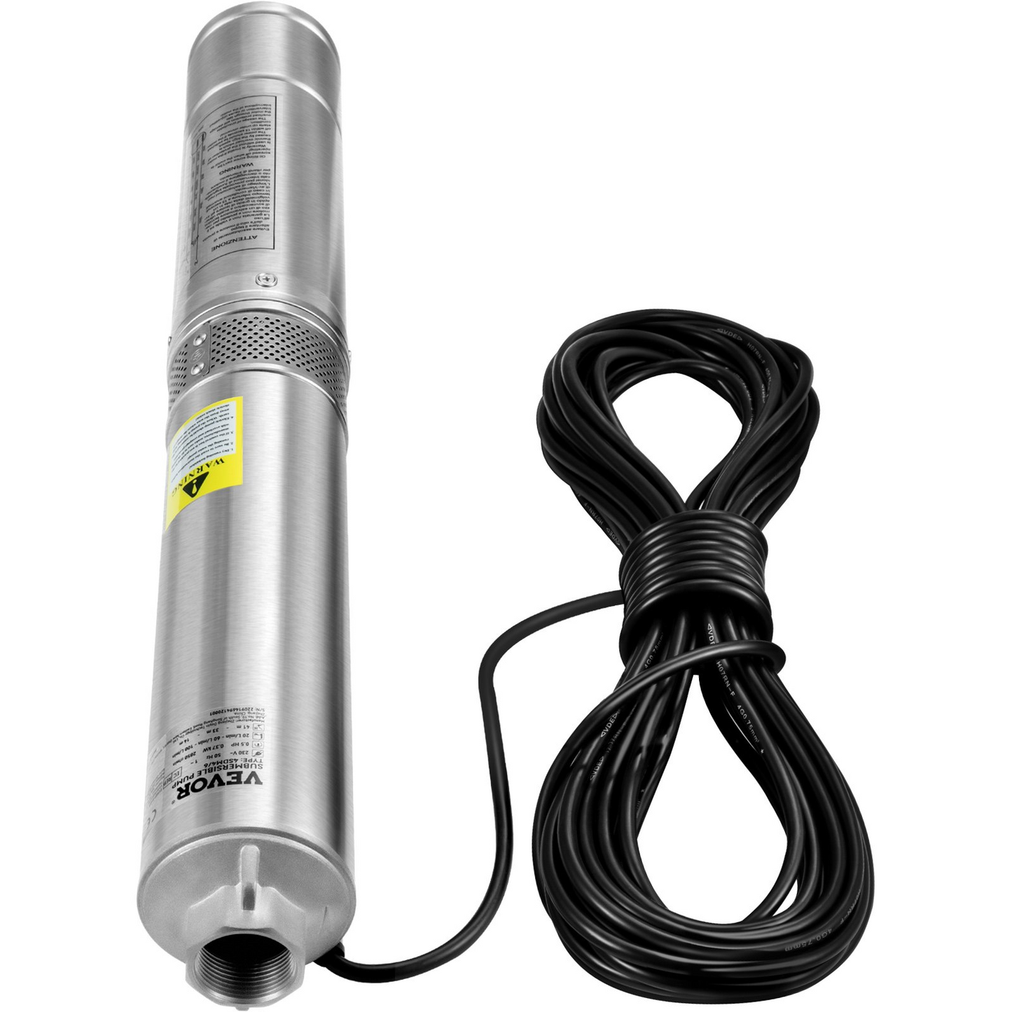 VEVOR Deep Well Submersible Pump, 1HP 230V/60Hz, 37gpm Flow 207ft Head, with 33ft Electric Cord, 4" Stainless Steel Water Pump for Industrial, Irrigation&Home Use, IP68 Waterproof Grade