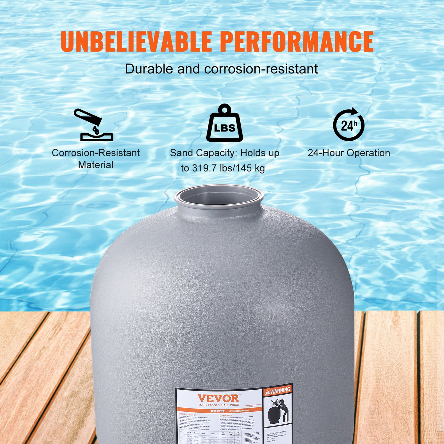 VEVOR Sand Filter, 24-inch, Up to 65 GPM Flow Rate, Above Inground Swimming Pool Sand Filter System with 7-Way Multi-Port Valve, Filter, Backwash, Rinse, Recirculate, Waste, Winter, Closed Functions