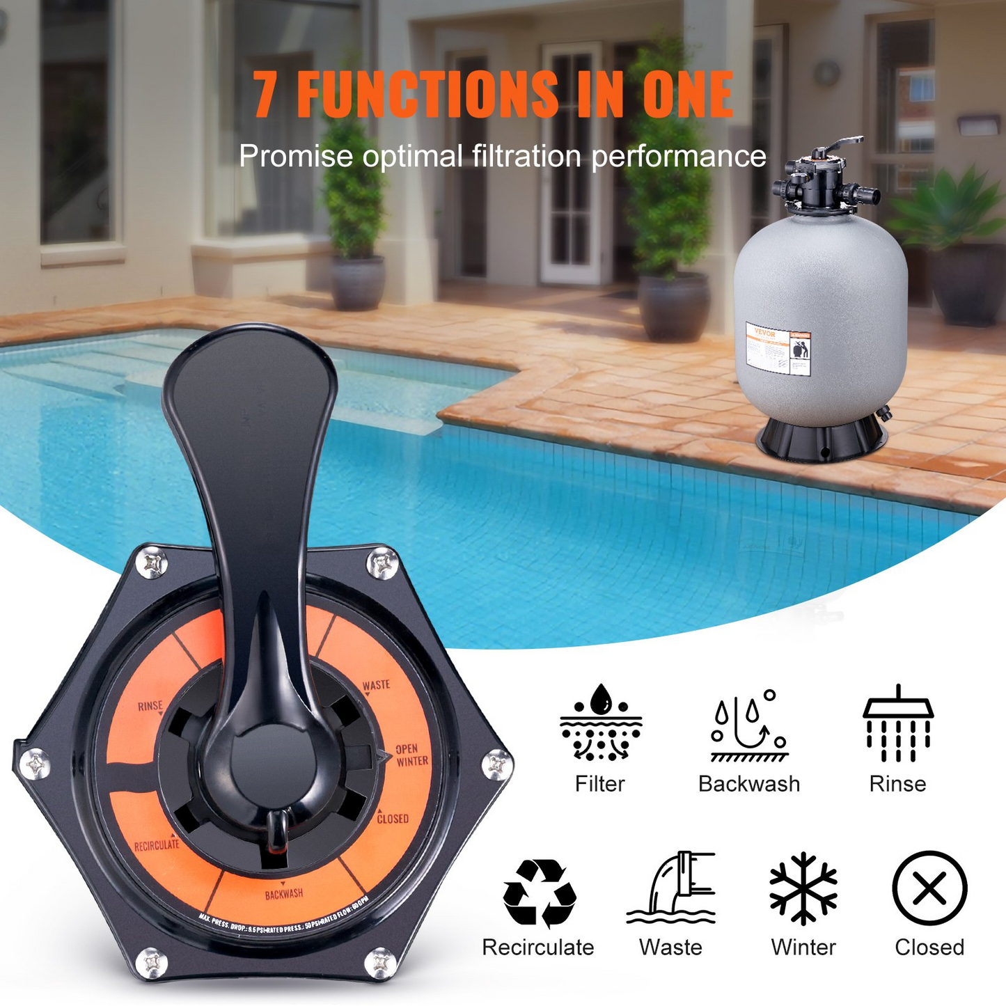 VEVOR Sand Filter, 24-inch, Up to 65 GPM Flow Rate, Above Inground Swimming Pool Sand Filter System with 7-Way Multi-Port Valve, Filter, Backwash, Rinse, Recirculate, Waste, Winter, Closed Functions