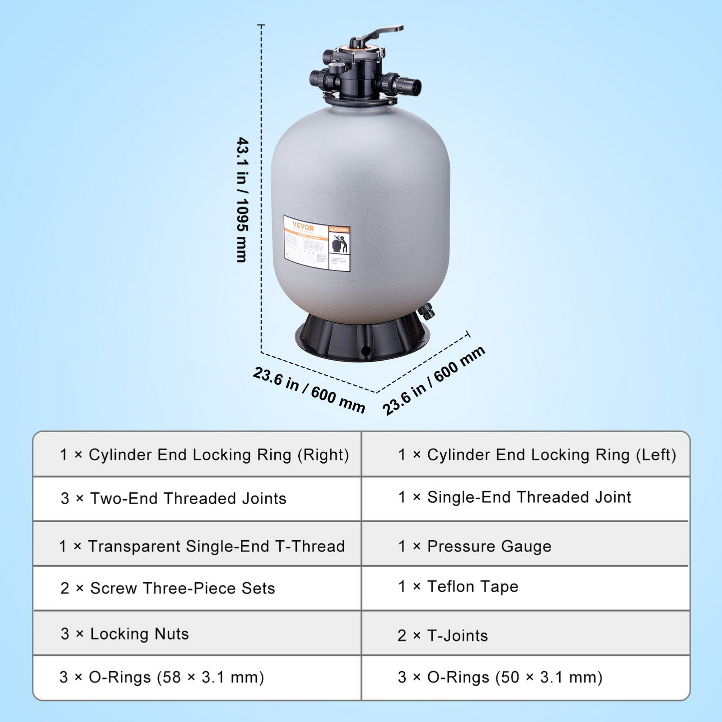 VEVOR Sand Filter, 24-inch, Up to 65 GPM Flow Rate, Above Inground Swimming Pool Sand Filter System with 7-Way Multi-Port Valve, Filter, Backwash, Rinse, Recirculate, Waste, Winter, Closed Functions