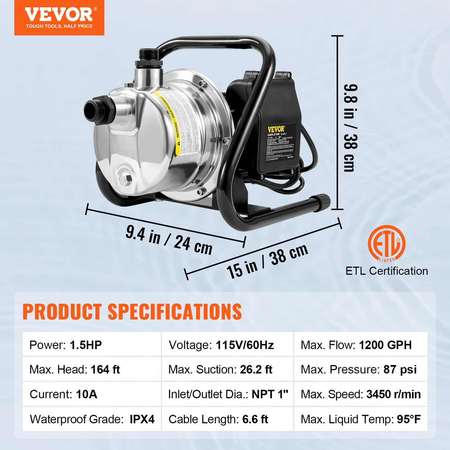 VEVOR Shallow Well Pump Portable Garden Water Jet Pump 1.5HP 1200GPH 164 ft Head