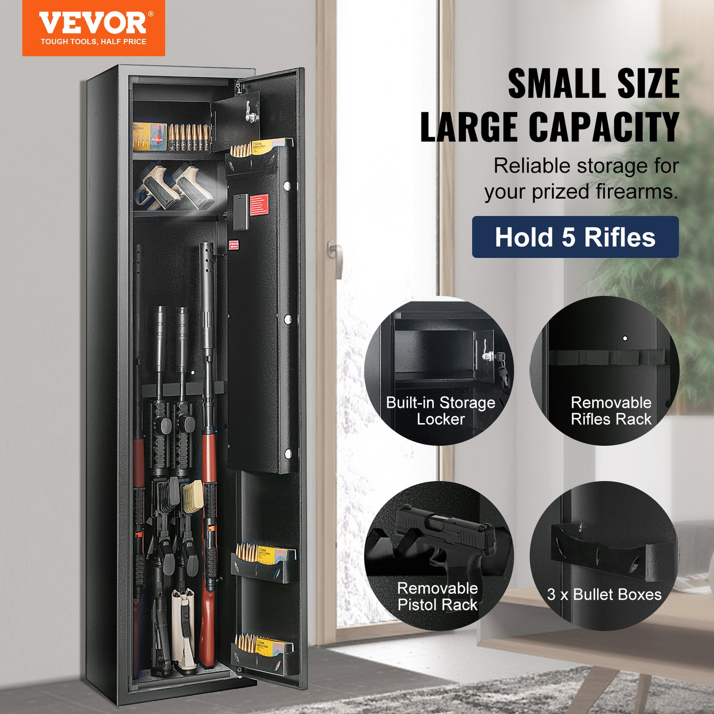 VEVOR 5 Gun Safe, Gun Security Cabinet with Lock & Digital Keypad, Gun Storage Cabinet with Built-in Storage Locker and Removable Storage Shelf for Home Long Gun and Pistols