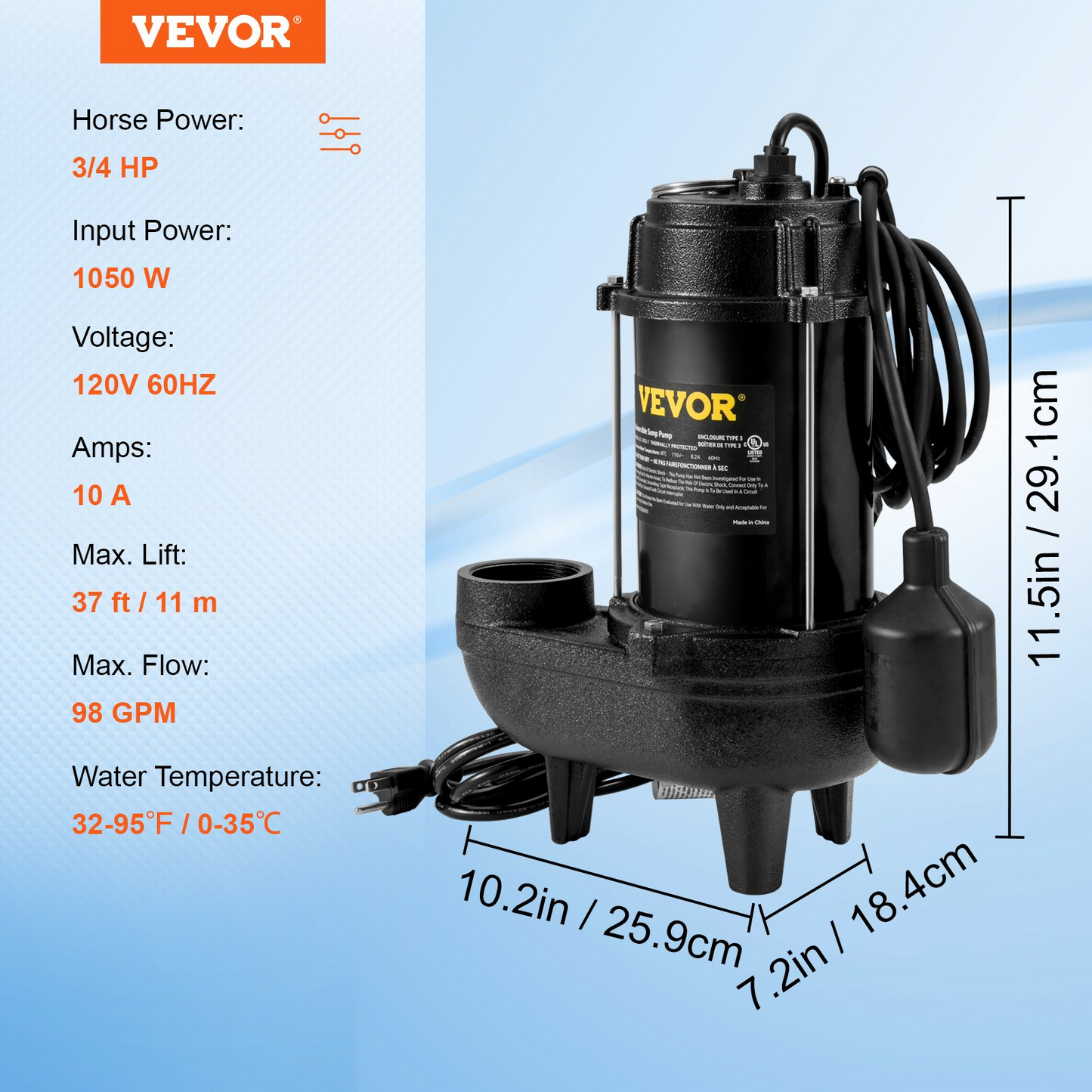 VEVOR Submersible Sewage Pump Water Pump 3/4 HP 5880GPH Cast Iron with Float