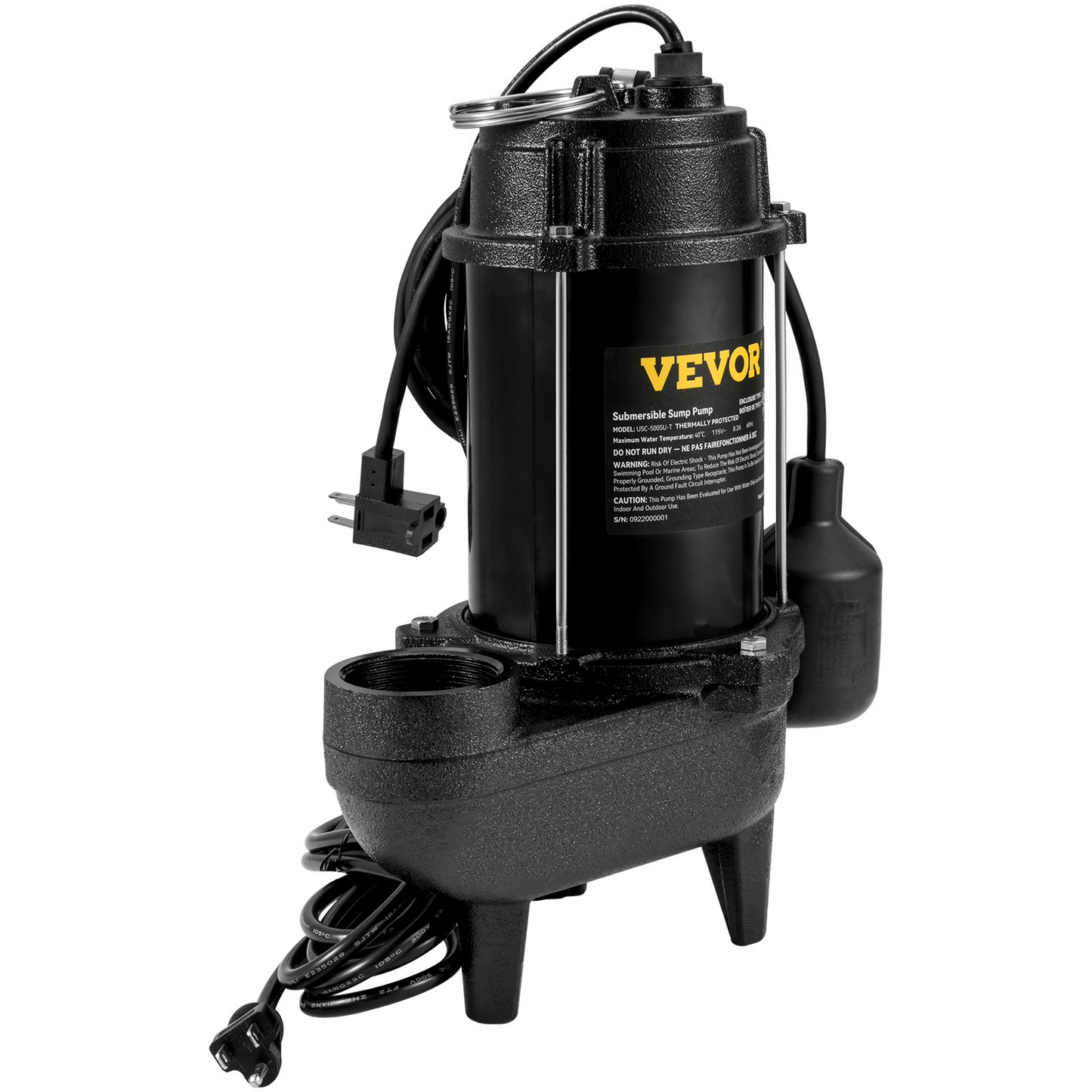 VEVOR Submersible Sewage Pump Water Pump 3/4 HP 5880GPH Cast Iron with Float