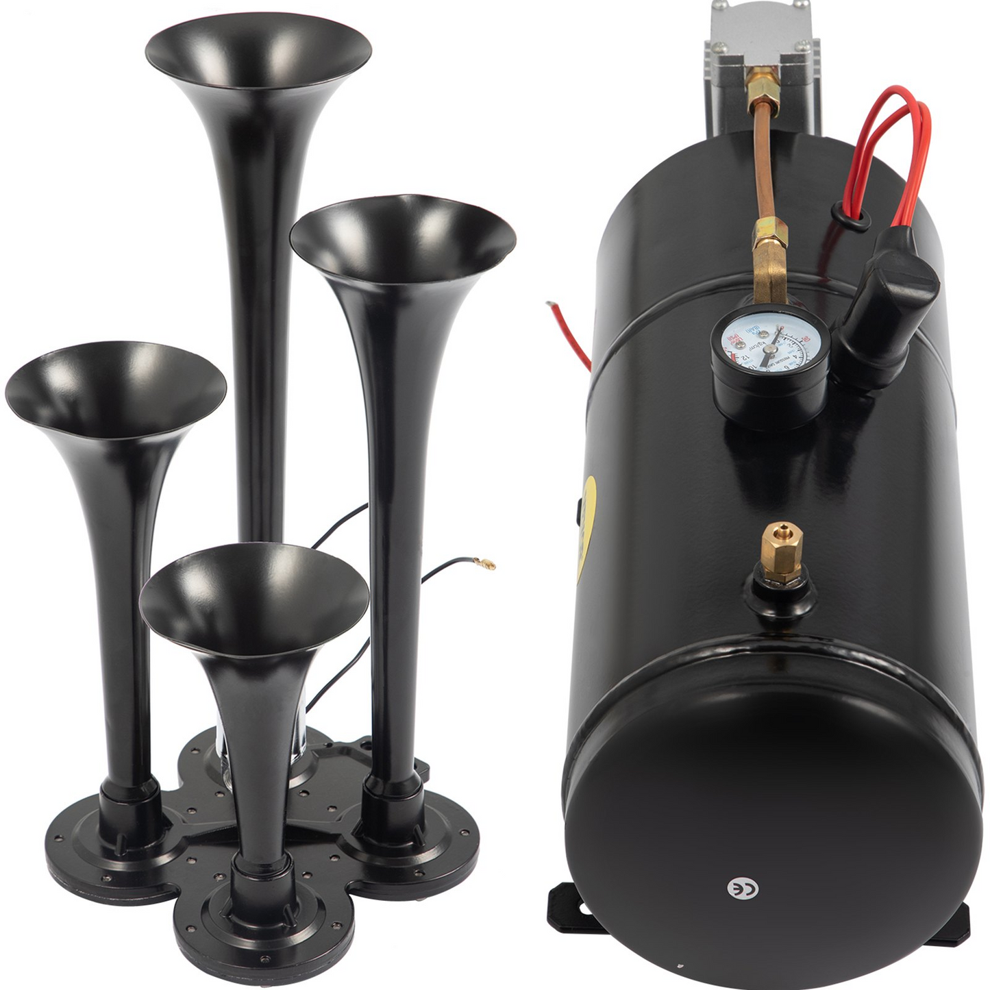 VEVOR 150DB Train Horns Kit for Trucks Super Loud with 120 PSI 12V Air Compressor 4 Trumpet Air Horn Compressor Tank For Any Vehicle Trucks Car Jeep Or SUV (Black) 0.8 Gal/3L