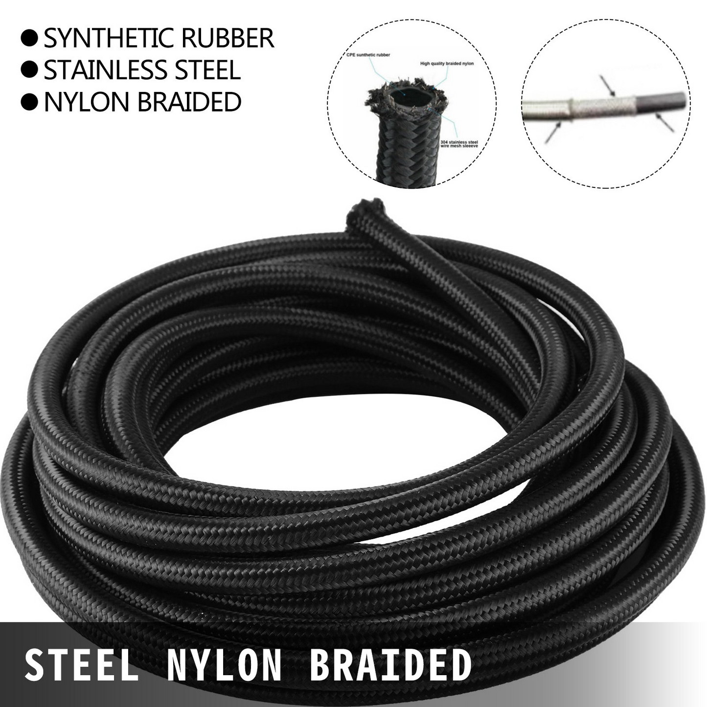 VEVOR 6AN 32.8FT Stainless Steel Nylon Braided Oil Gas Fuel Line Hose 10M BK + 20 PCS Aluminum Hose End Fitting Adapter Kit Fuel Line Kit 1000 psi (AN6)