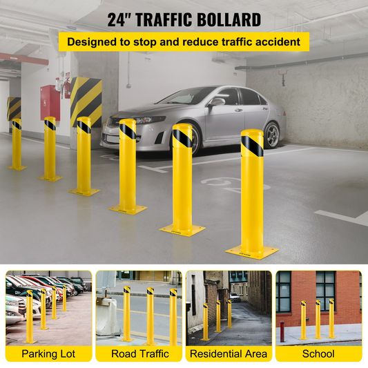 VEVOR Safety Bollard 24-5.5 Safety Barrier Bollard 5-1/2" OD 24" Height Yellow Powder Coat Pipe Steel Safety Barrier with 4 Free Anchor Bolts for Traffic-Sensitive Area