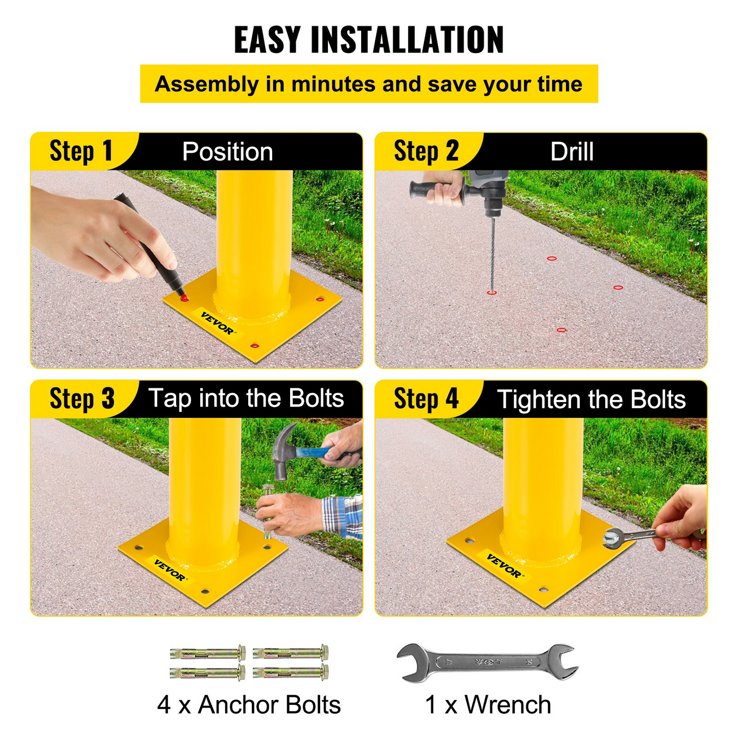 VEVOR Safety Bollard 24-5.5 Safety Barrier Bollard 5-1/2" OD 24" Height Yellow Powder Coat Pipe Steel Safety Barrier with 4 Free Anchor Bolts for Traffic-Sensitive Area