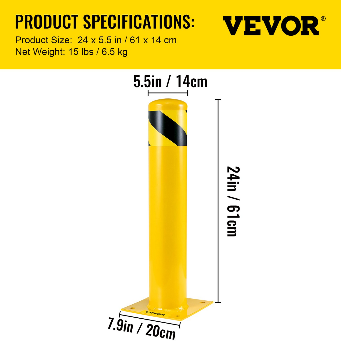 VEVOR Safety Bollard 24-5.5 Safety Barrier Bollard 5-1/2" OD 24" Height Yellow Powder Coat Pipe Steel Safety Barrier with 4 Free Anchor Bolts for Traffic-Sensitive Area