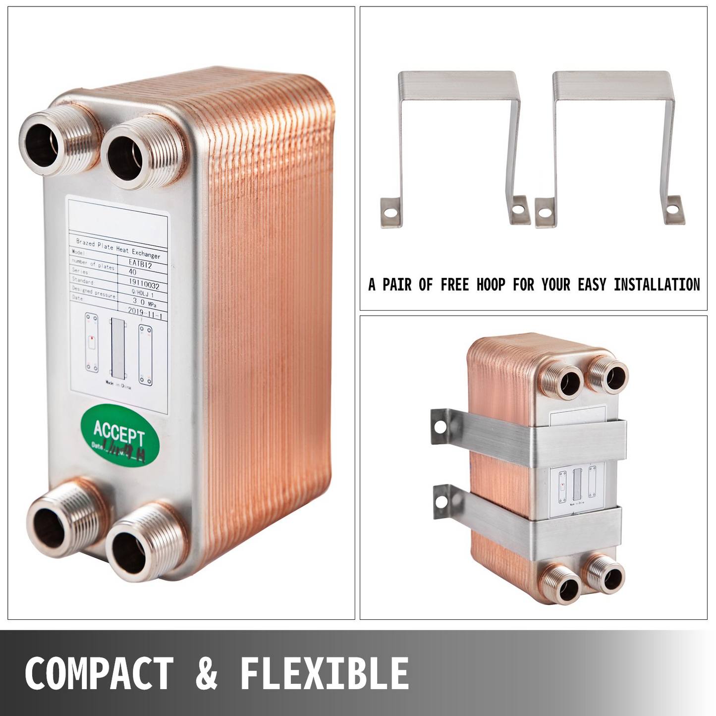 VEVOR Heat Exchanger 3"x7.5" 40 Plates Brazed Plate Heat Exchanger 316L 3/4" MPT Heat Exchanger B3-12A Beer Wort Chiller for Hydronic Heating