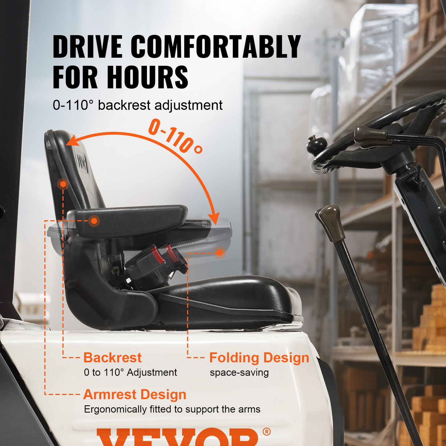 VEVOR Universal Forklift Seat - Fold Down Tractor Seat with Adjustable Angle Back, Micro Switch, Seatbelt, and Armrests