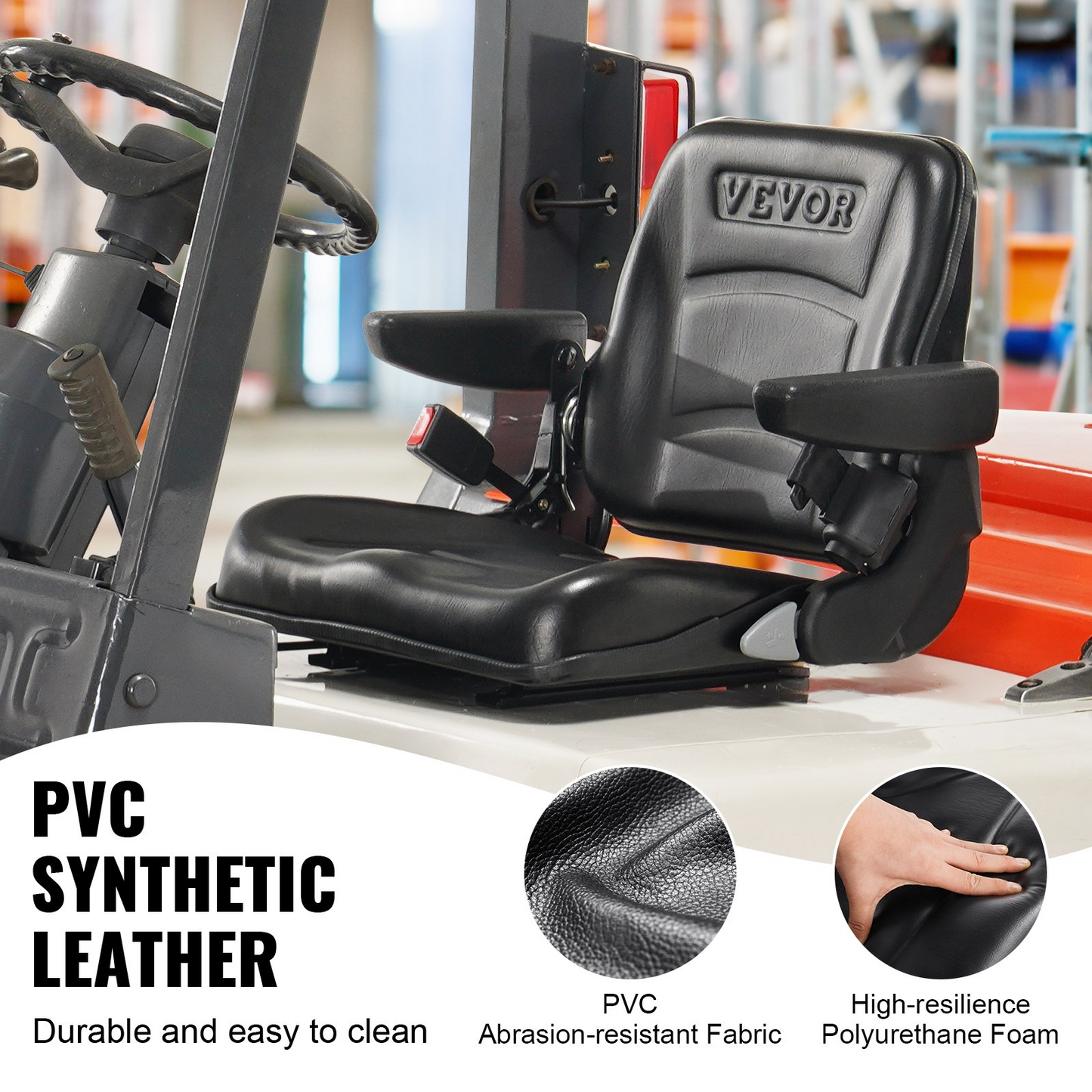 VEVOR Universal Forklift Seat - Fold Down Tractor Seat with Adjustable Angle Back, Micro Switch, Seatbelt, and Armrests