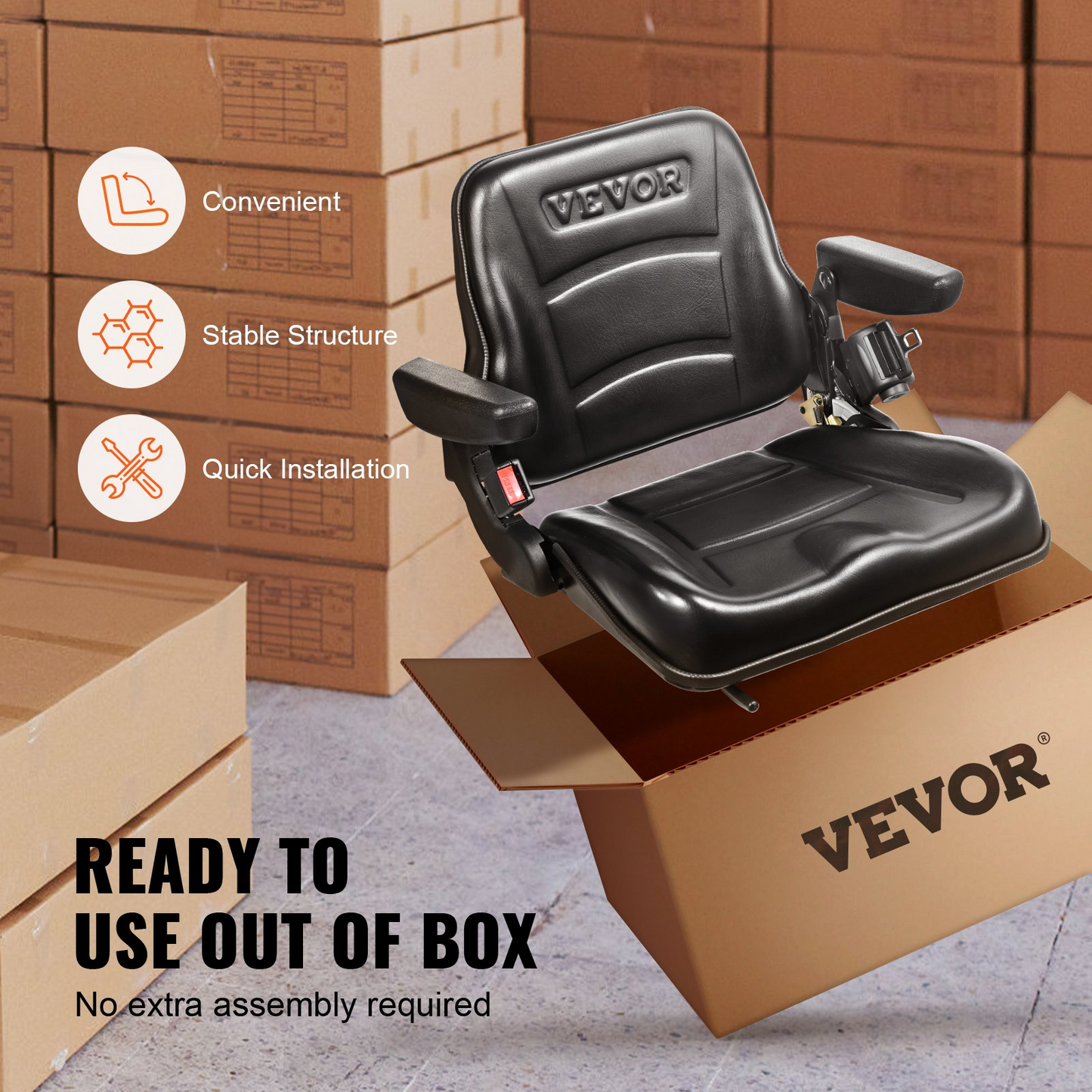 VEVOR Universal Forklift Seat - Fold Down Tractor Seat with Adjustable Angle Back, Micro Switch, Seatbelt, and Armrests