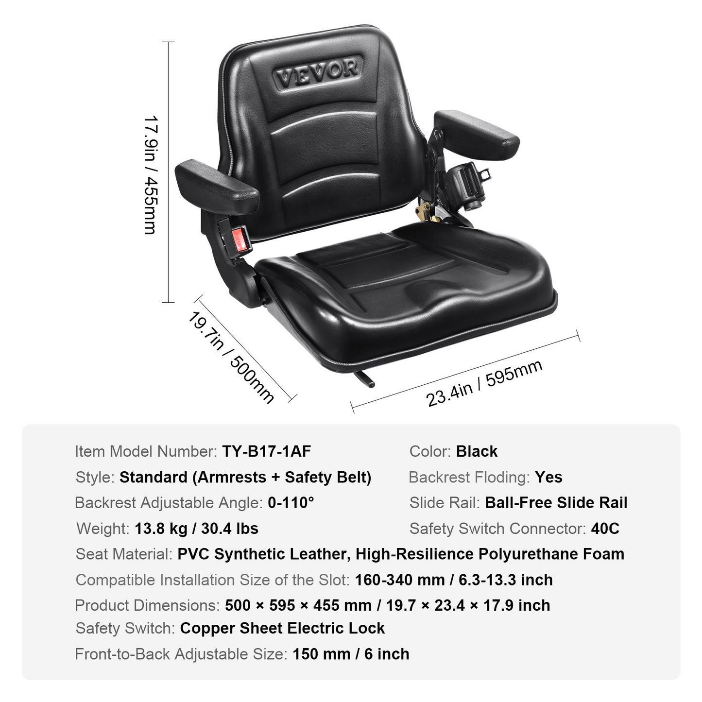 VEVOR Universal Forklift Seat - Fold Down Tractor Seat with Adjustable Angle Back, Micro Switch, Seatbelt, and Armrests