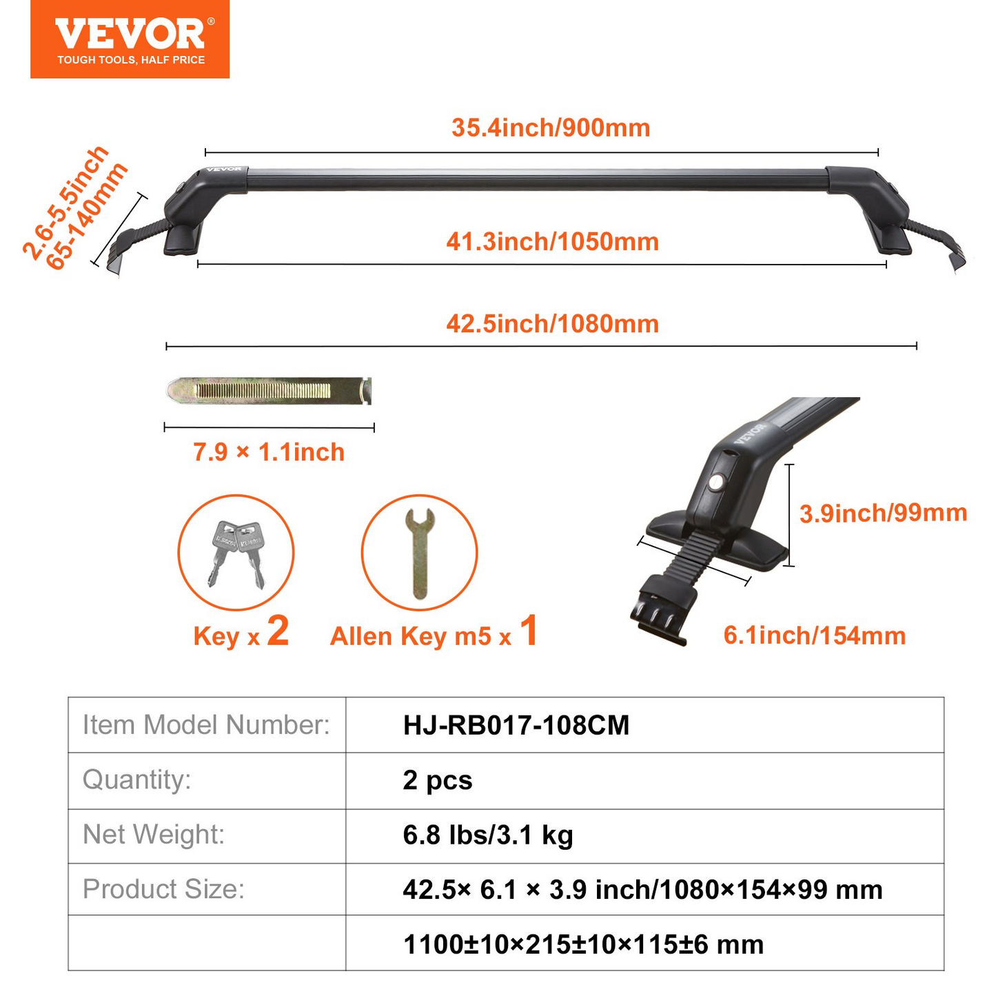 VEVOR Universal Roof Rack Cross Bars, 41.3" Aluminum Roof Rack Crossbars, Fit Roof without Side Rail, 155 lbs Load Capacity, Adjustable Bare Roof Crossbars with Locks, for SUVs, Sedans, and Vans