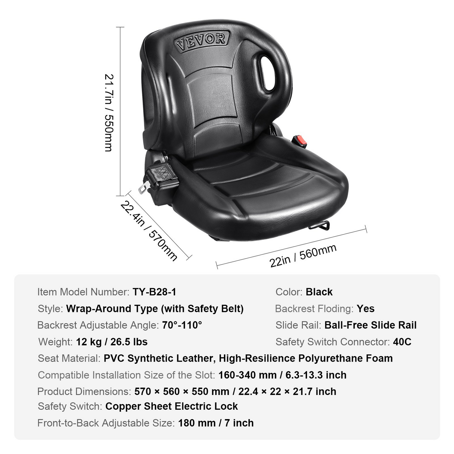 VEVOR Universal Forklift Seat | Adjustable Angle Back | Micro Switch and Seatbelt