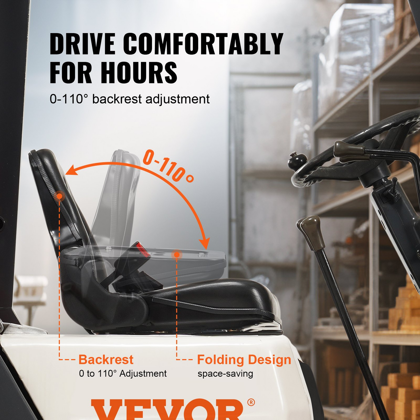 VEVOR Universal Forklift Seat, Fold Down Tractor Seat with Adjustable Angle Back, Micro Switch and Retractable Seatbelt, 6.3-13.4 inch Slot Forklift Seat for Tractor Loader Excavator