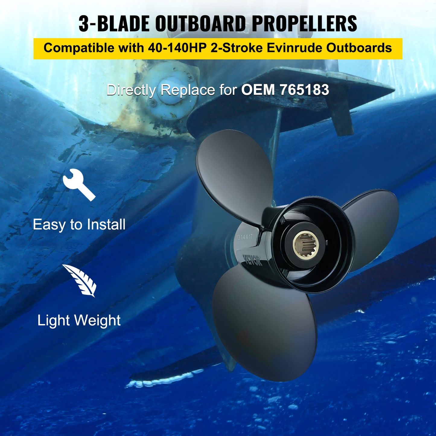 VEVOR Outboard Propeller, Replace for OEM 765183, 3 Blades 13 1/4" x 17" Pitch Aluminium Boat Propeller, Compatible with 40-140HP 2-Stroke Evinrude Outboard, w/ 13 Tooth Splines, RH