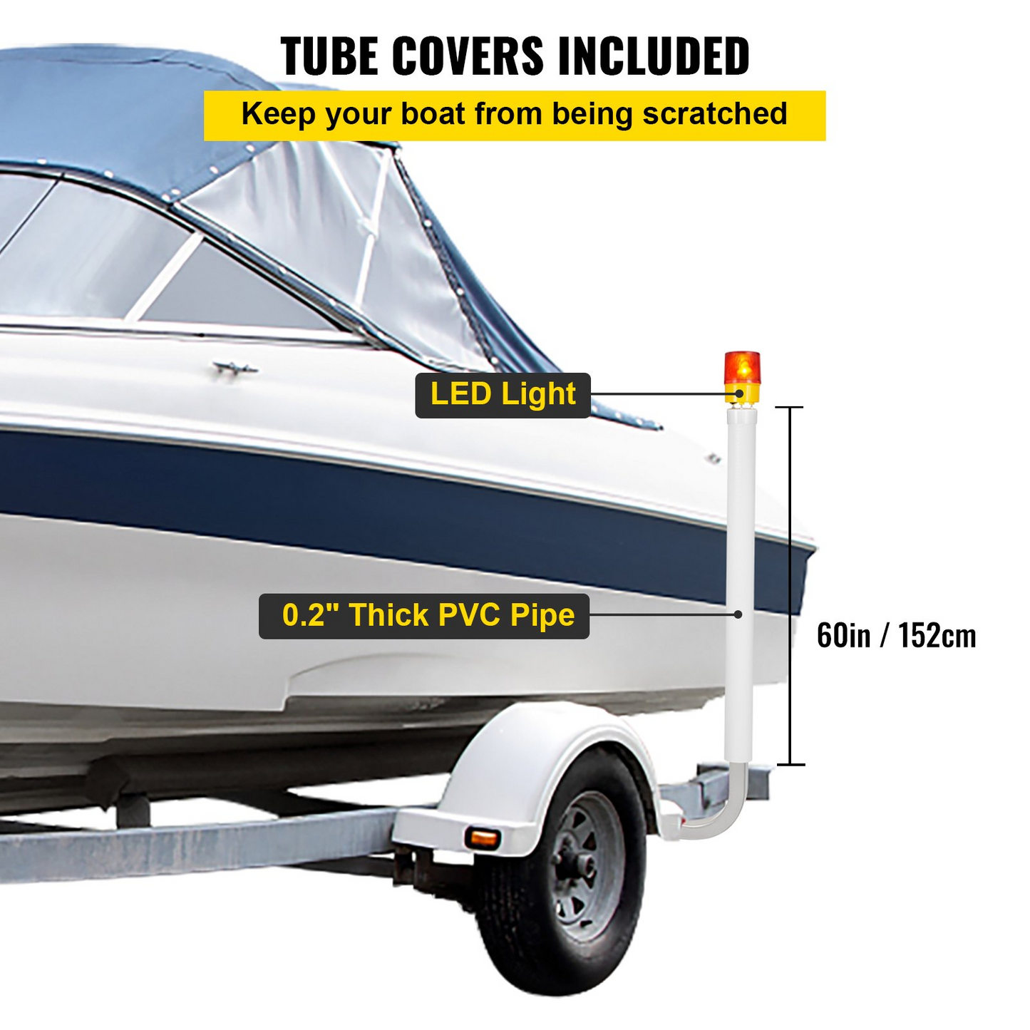 VEVOR Boat Trailer Guide-on, 60", 2PCS Steel Trailer Post Guide on, with LED-Lighted PVC Tube Covers, Mounting Hardware Included, for Ski Boat, Fishing Boat or Sailboat Trailer