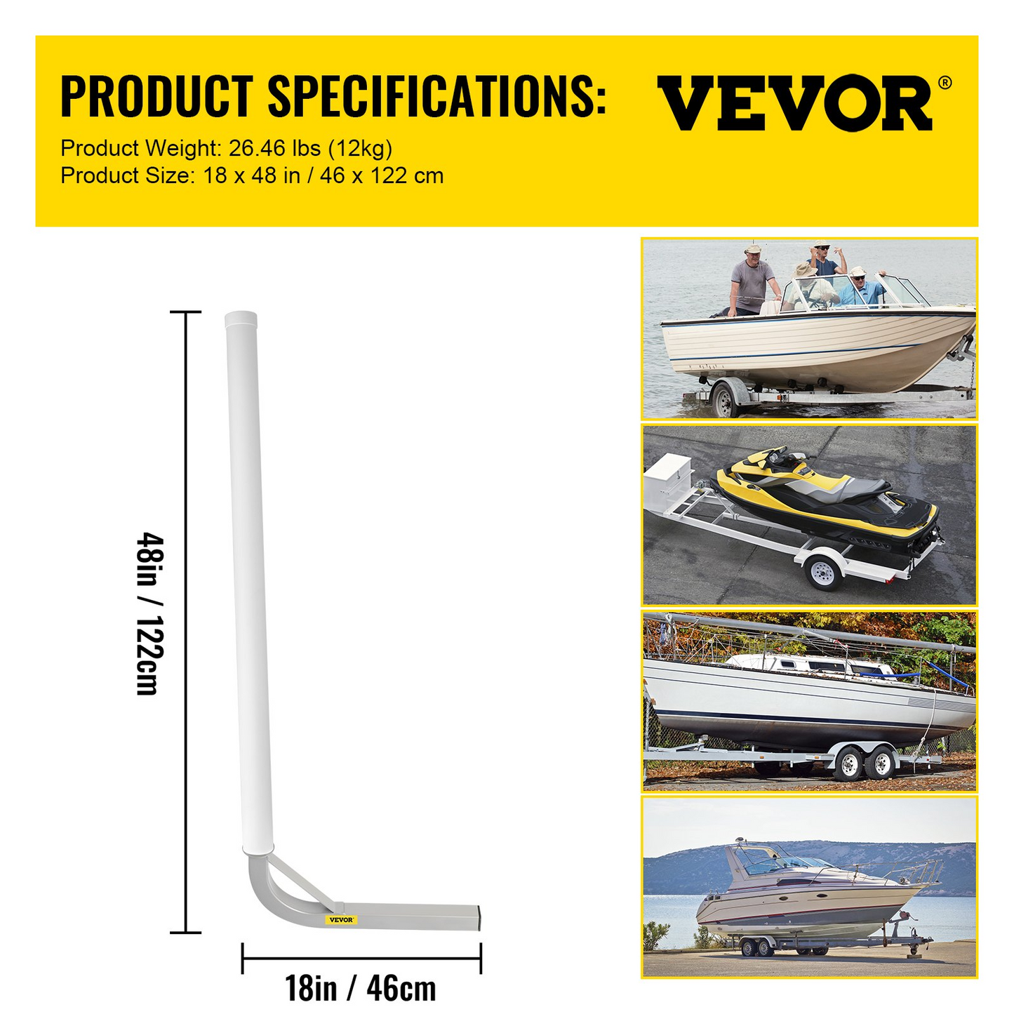 VEVOR Boat Trailer Guide-on, 48", 2PCS Rustproof Steel Trailer Post Guide ons, with White PVC Tube Covers, Complete Mounting Accessories Included, for Ski Boat, Fishing Boat or Sailboat Trailer