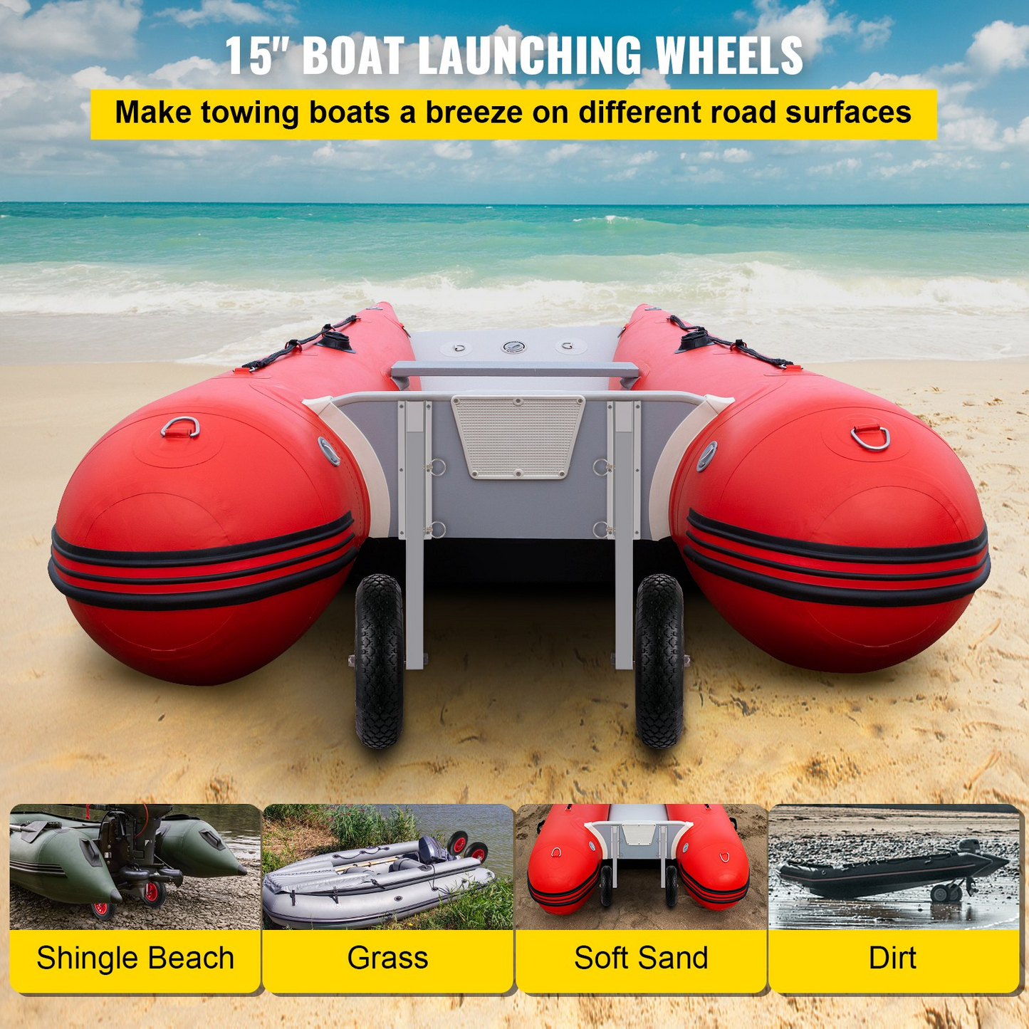 VEVOR Boat Launching Wheels, 15" Boat Transom Launching Wheel, 300 LBS Loading Capacity Inflatable Boat Launch Wheels, Aluminum Alloy Transom Launching Dolly Wheels with 4 PCS of Quick Release Pins