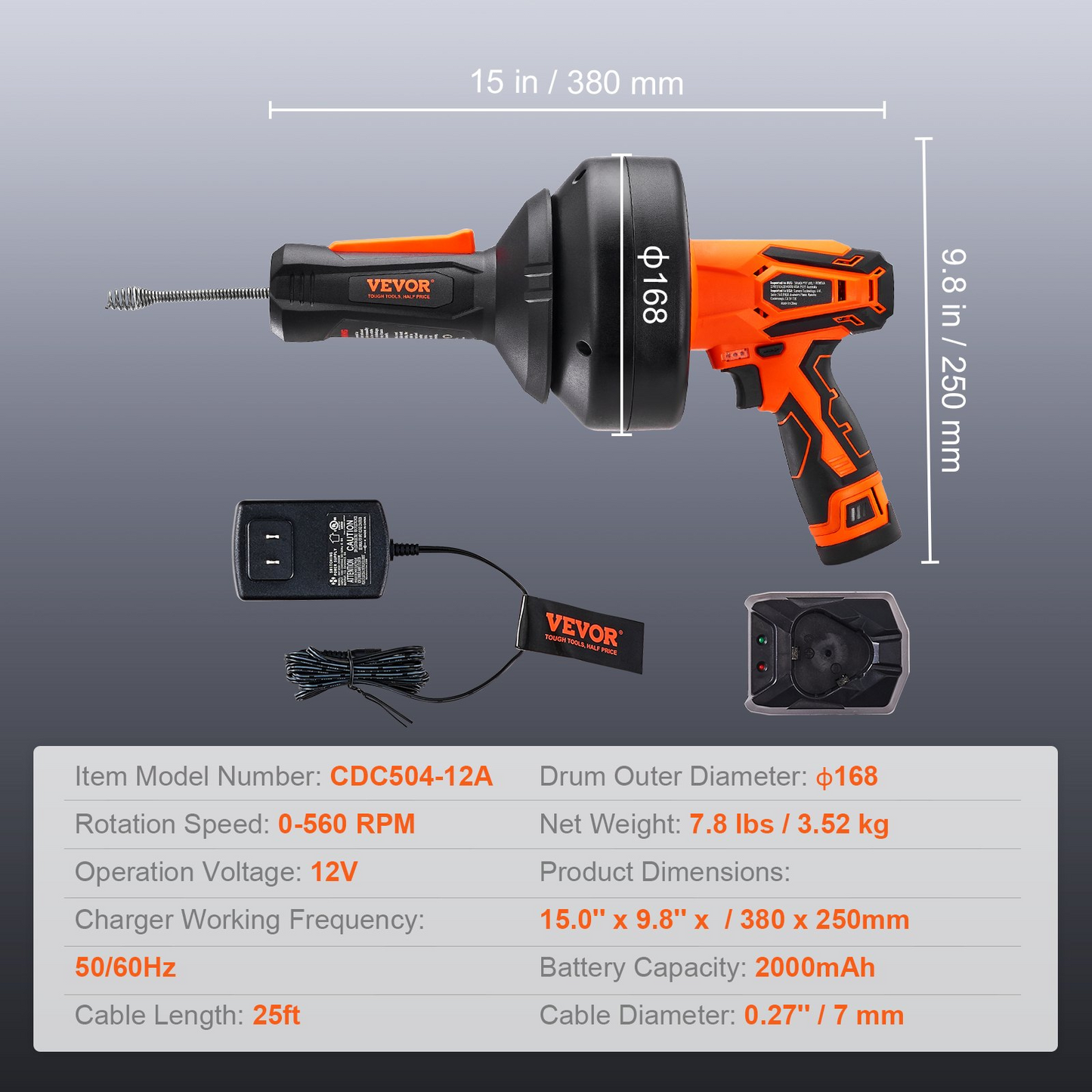 VEVOR 12V Electric Drain Auger, 25FT Cordless Plumbing Snake Auto Feed, Pipeline Snake Drain Clog Remover with Power Drill for 3/4"-2" Pipes, 2.0Ah Battery and Charger Included