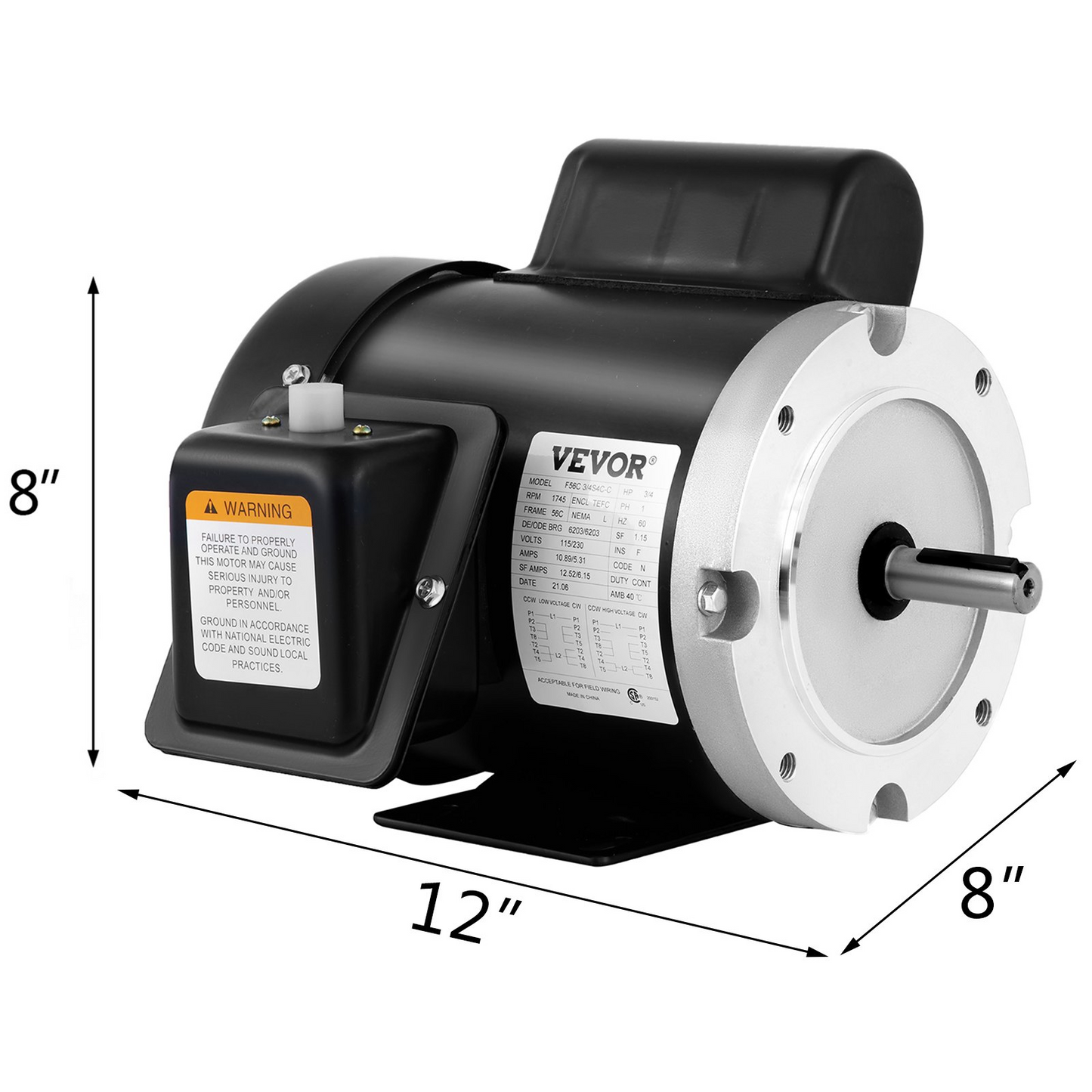 VEVOR Electric Compressor Motor, 3/4 HP, Rated Speed 1725 RPM Single Phase Electric Motor, AC 115V 230V Air Compressor Motor, Suitable for Agricultural Machinery and General Equipment