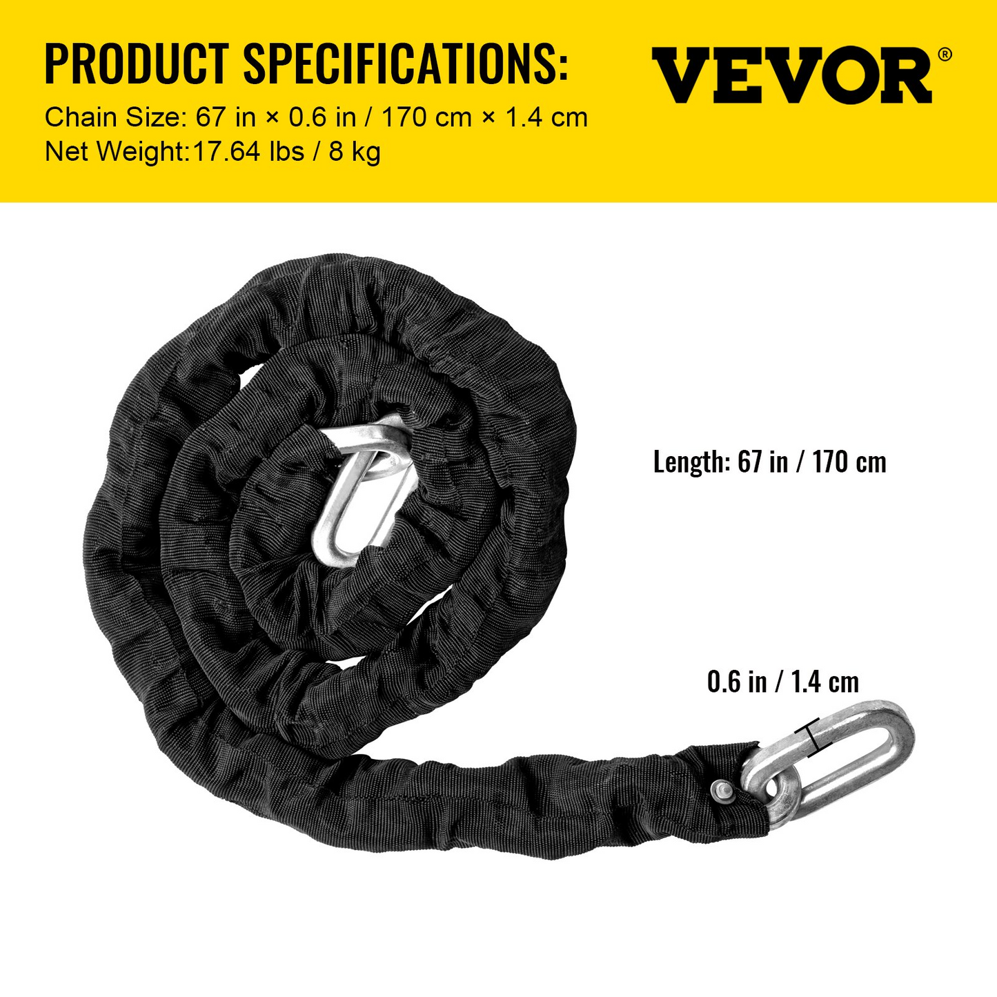 VEVOR Heavy Duty Chain Lock, 3/5 Inch x 5.58 Feet Security Chain Lock Kit, Premium Case-Hardened Chain Pure Brass Lock Core with 3 Keys, Fit for Motorcycle, Generator, Gates, Bicycle, Scooter