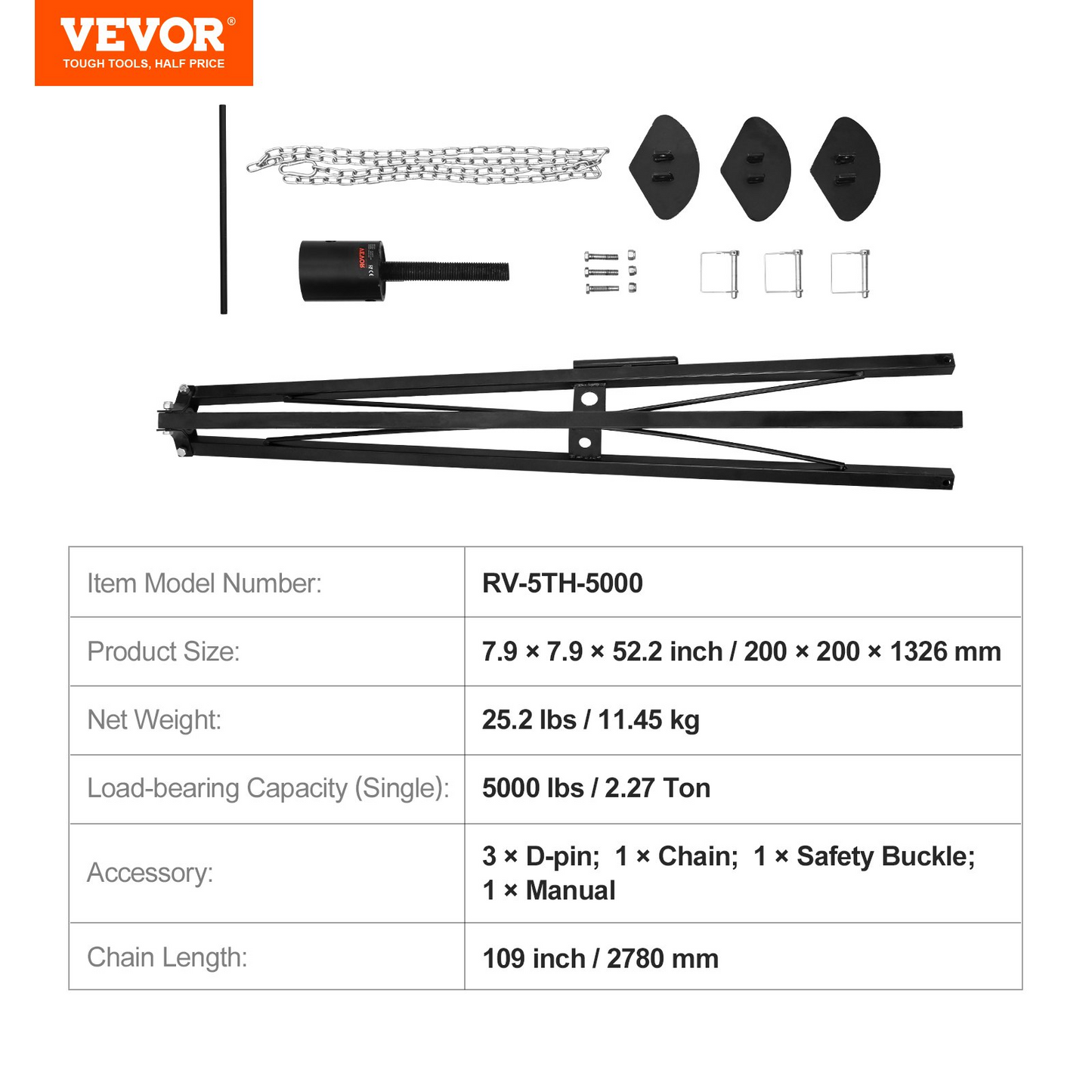 VEVOR 5th Wheel Tripod Stabilizer, 5000 LBS Load Capacity Tripod Fifth Wheel Stabilizer, 35"-57" Adjustable Height RV Gooseneck Stabilizer, Tripod Jack for Fifth-Wheel Trailers, RVs, and Campers