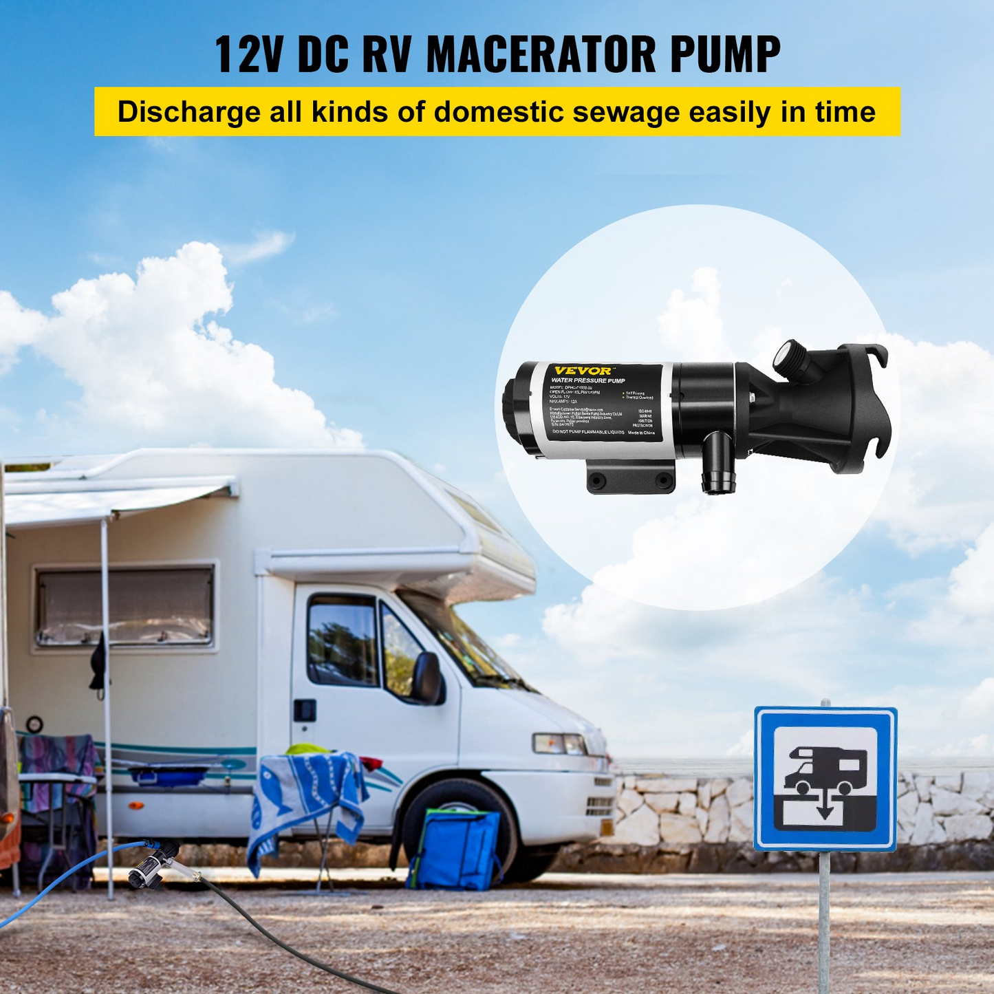 VEVOR RV Macerator Pump, 12V 12GPM Self-priming Water Waste Pumps w/RV Connector & Hose