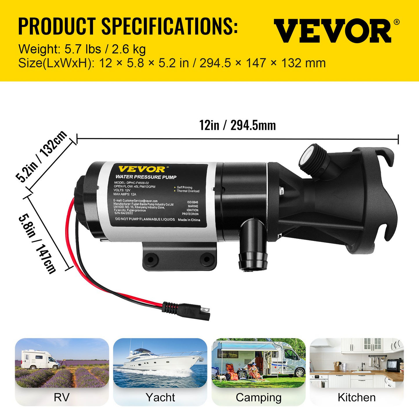 VEVOR RV Macerator Pump, 12V 12GPM Self-priming Water Waste Pumps w/RV Connector & Hose