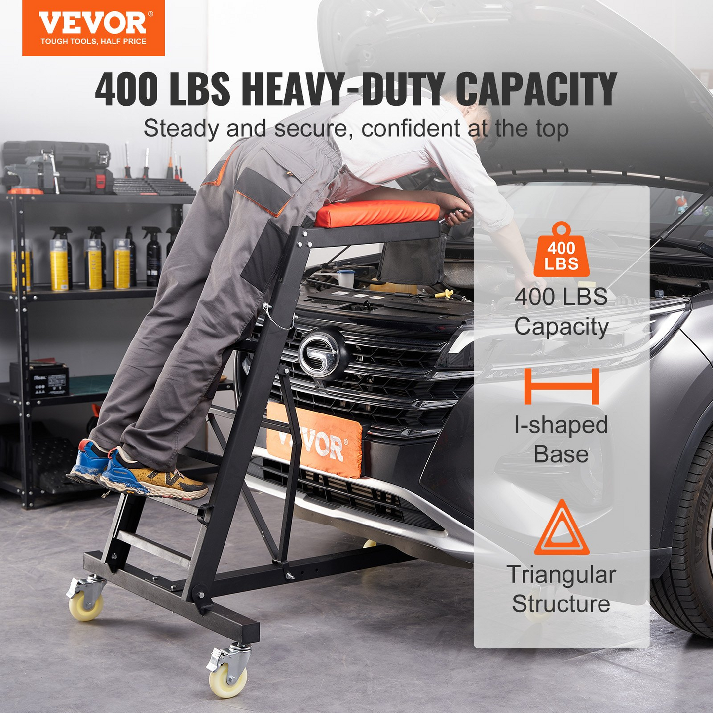 VEVOR Automotive Topside Creeper | Adjustable Height 49.6" to 75.6" | 400 LBS Capacity | High Creeper with 4 Swivel Caster Wheels