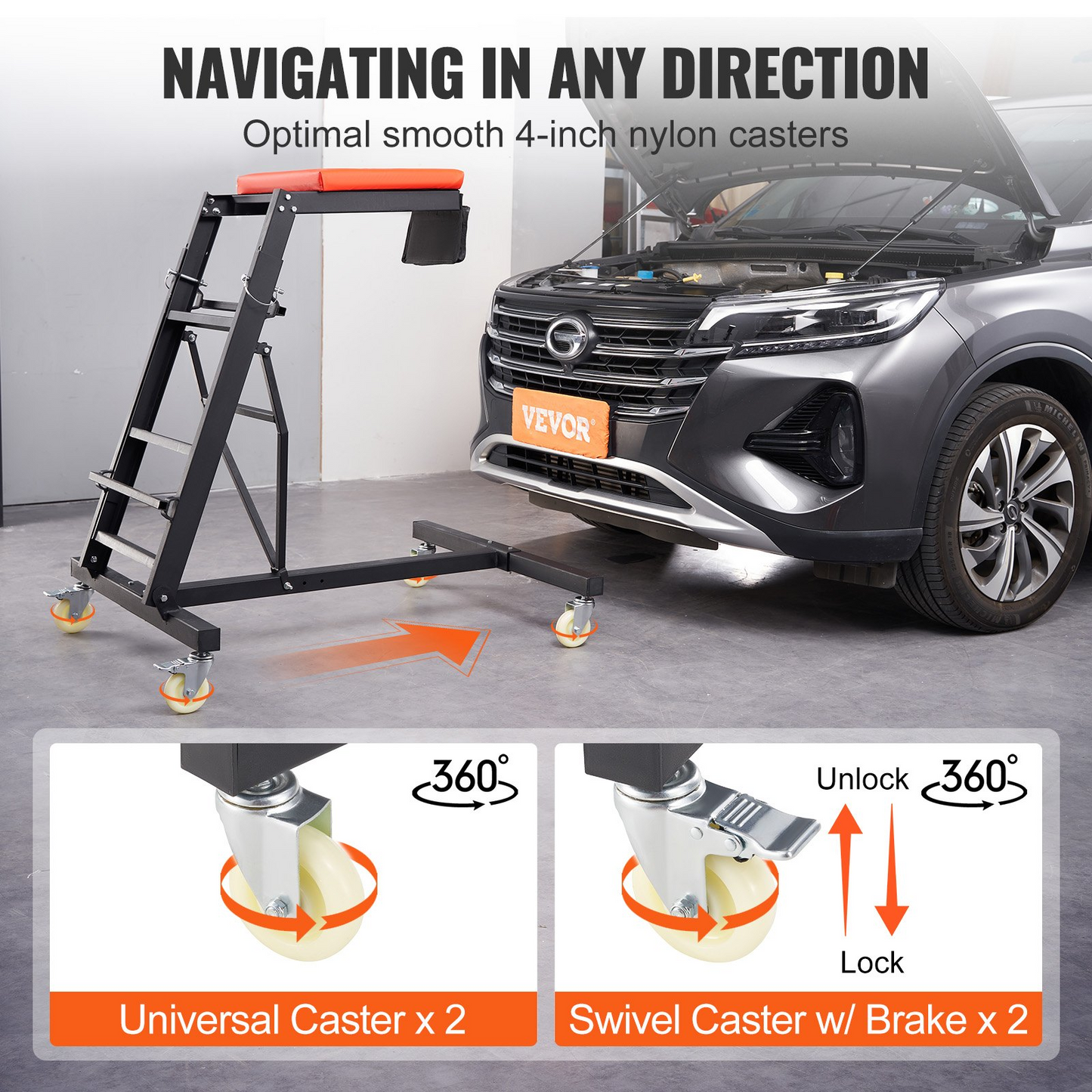 VEVOR Automotive Topside Creeper | Adjustable Height 49.6" to 75.6" | 400 LBS Capacity | High Creeper with 4 Swivel Caster Wheels