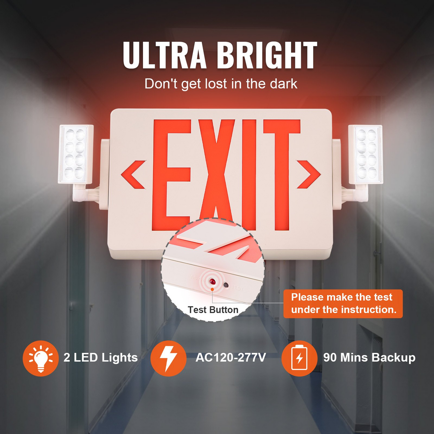 VEVOR LED Exit Sign with Emergency Lights, Two Heads Emergency Exit Light with Battery Backup, Combo Red Letter Fire Exit Lighting, Commercial Exit Signs for Business, White Tested to UL Standards