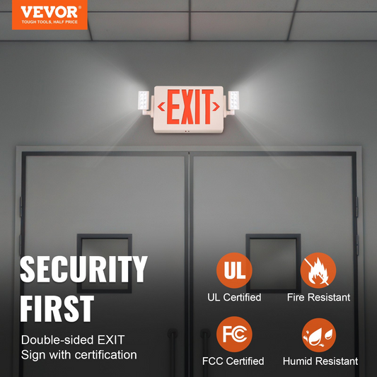 VEVOR LED Exit Sign with Emergency Lights, Two Heads Emergency Exit Light with Battery Backup, Combo Red Letter Fire Exit Lighting, Commercial Exit Signs for Business, White Tested to UL Standards