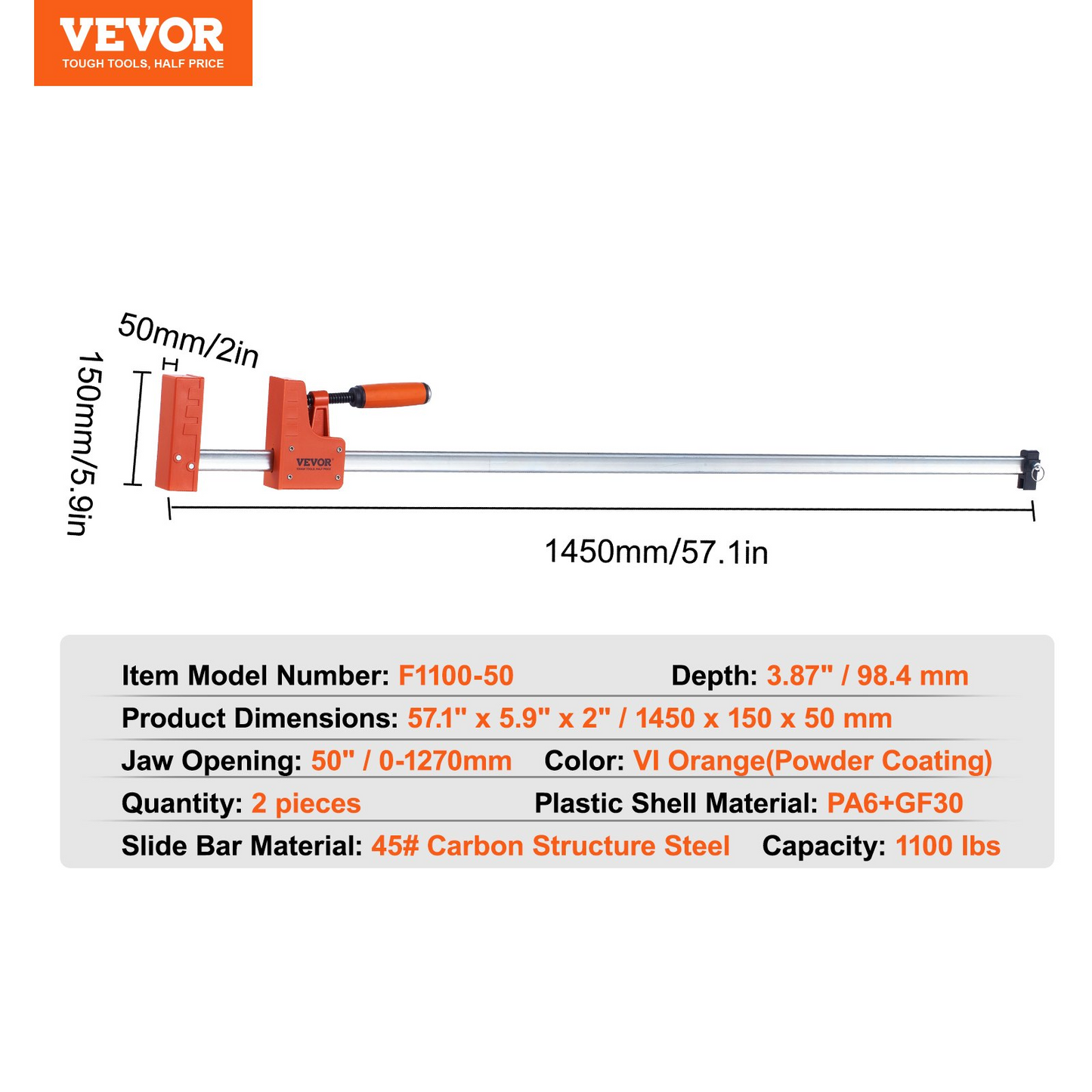 VEVOR Bar Clamps for Woodworking, 2-Pack 50" Parallel Clamp Set, F Clamp with 1100 lbs Load Limit, Even Pressure, High-strength Plastic and Carbon Steel, Wood clamps for Woodworking Metal Working