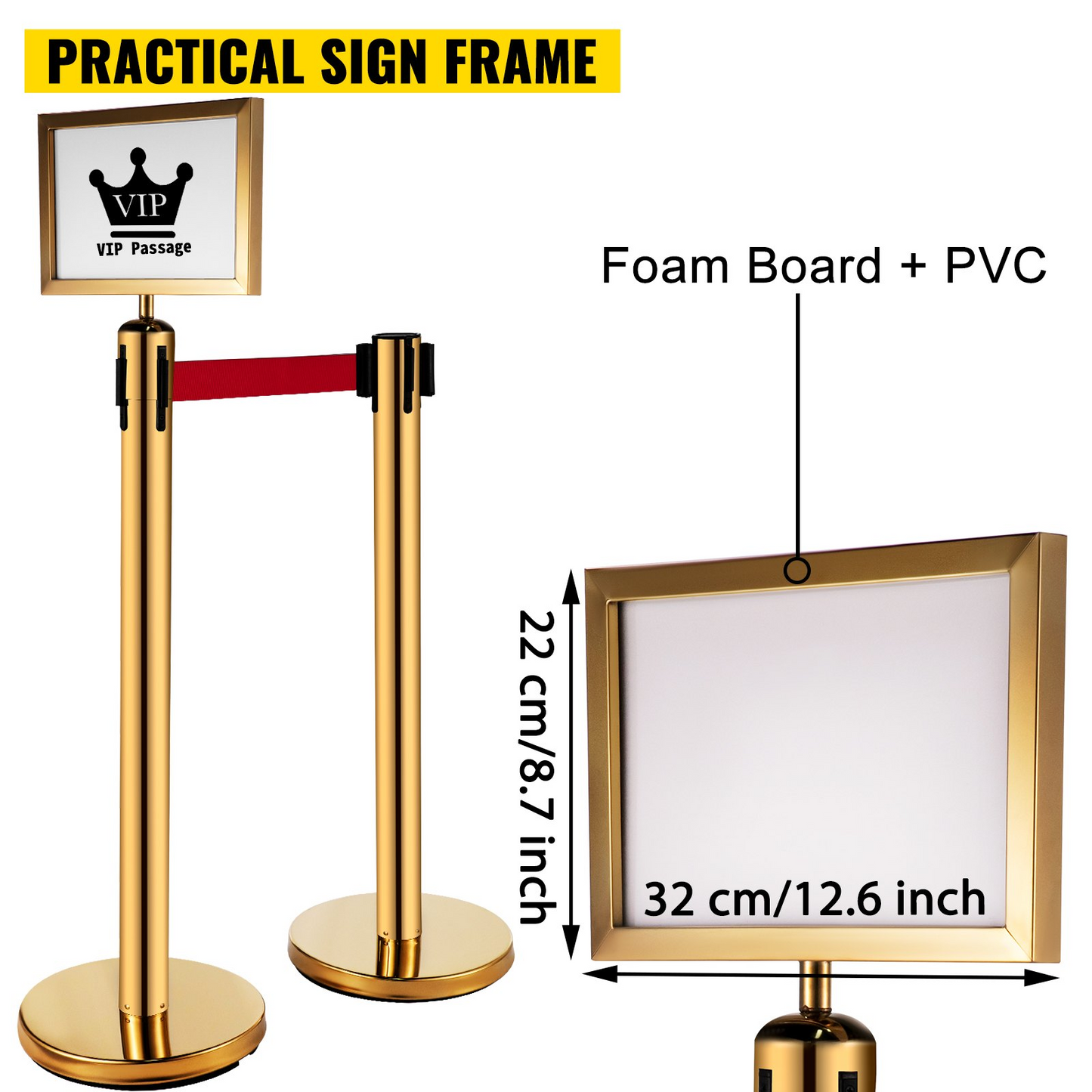 VEVOR Stanchion Post Barriers 4-Set Line Dividers, Stainless Steel Stanchions with 6.6 Red Retractable Belts, Stanchions with One Sign Frame, 34.6 Queue Safety Stanchions (Gold)