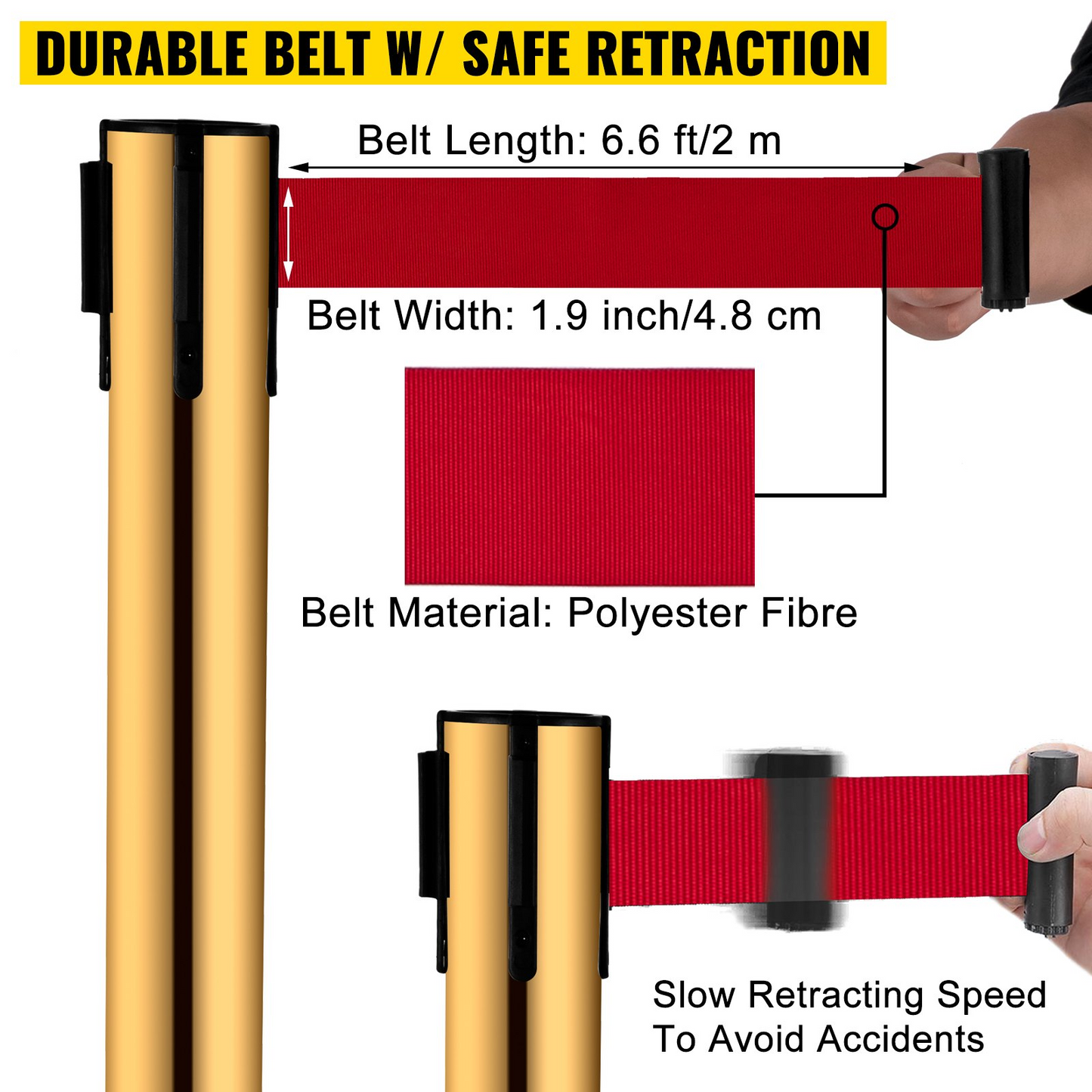 VEVOR Stanchion Post Barriers 4-Set Line Dividers, Stainless Steel Stanchions with 6.6 Red Retractable Belts, Stanchions with One Sign Frame, 34.6 Queue Safety Stanchions (Gold)