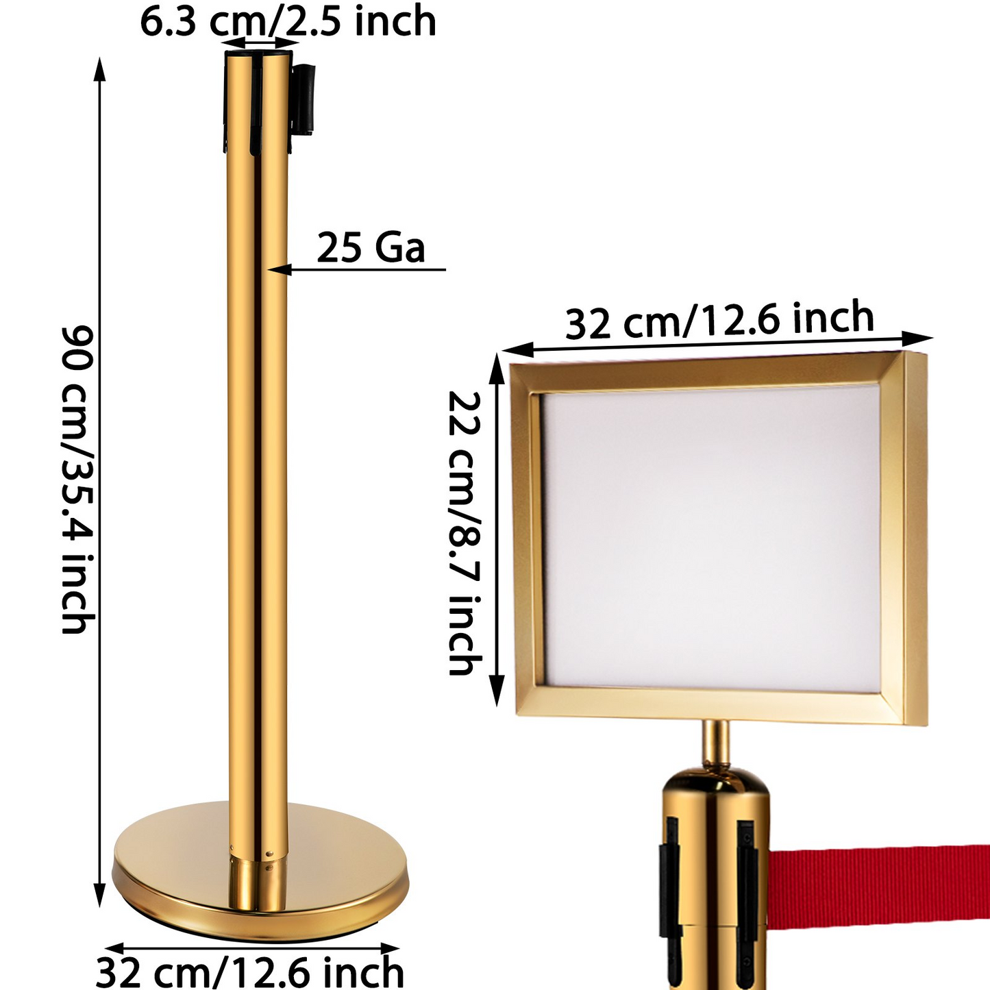 VEVOR Stanchion Post Barriers 4-Set Line Dividers, Stainless Steel Stanchions with 6.6 Red Retractable Belts, Stanchions with One Sign Frame, 34.6 Queue Safety Stanchions (Gold)