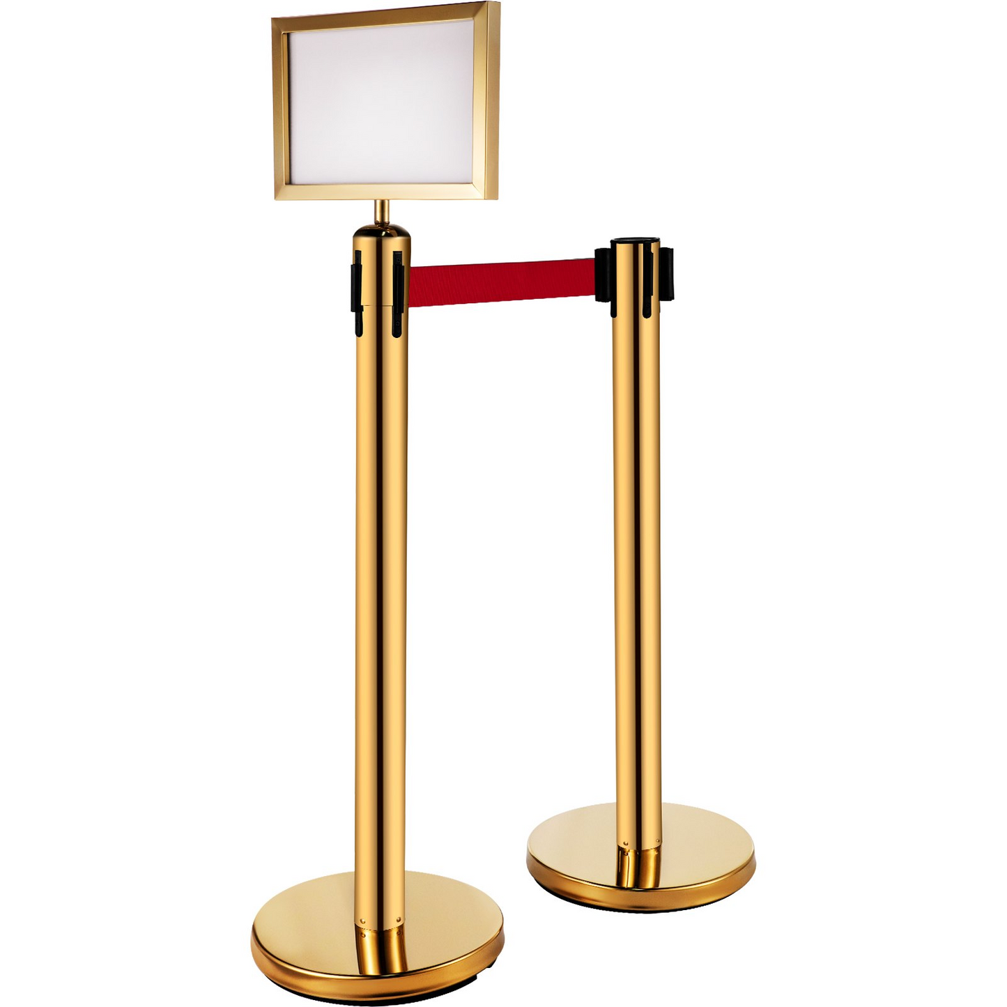 VEVOR Stanchion Post Barriers 4-Set Line Dividers, Stainless Steel Stanchions with 6.6 Red Retractable Belts, Stanchions with One Sign Frame, 34.6 Queue Safety Stanchions (Gold)