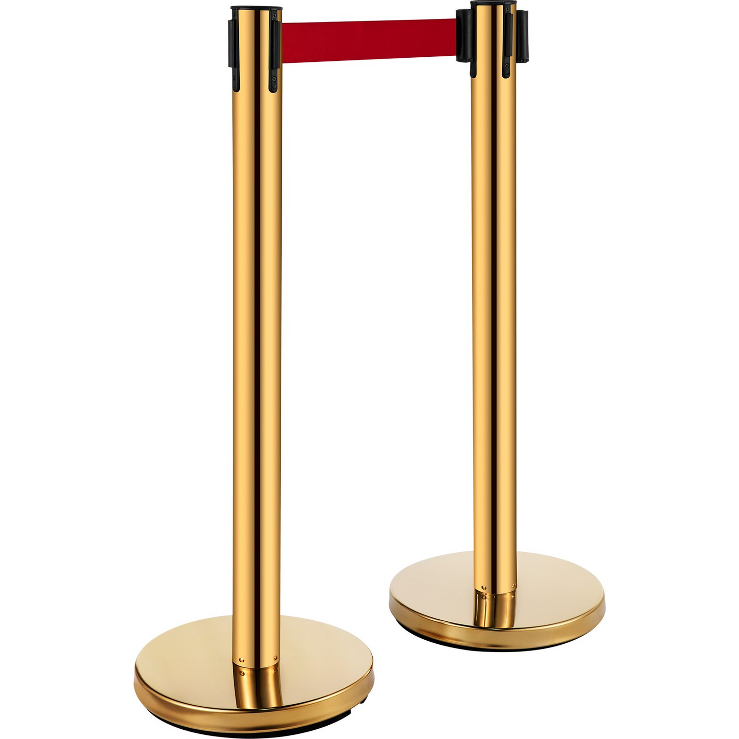 VEVOR Stanchion Post Barriers 4-Set Line Dividers, Stainless Steel Stanchions with 6.6 Red Retractable Belts, Stanchions with One Sign Frame, 34.6 Queue Safety Stanchions (Gold)