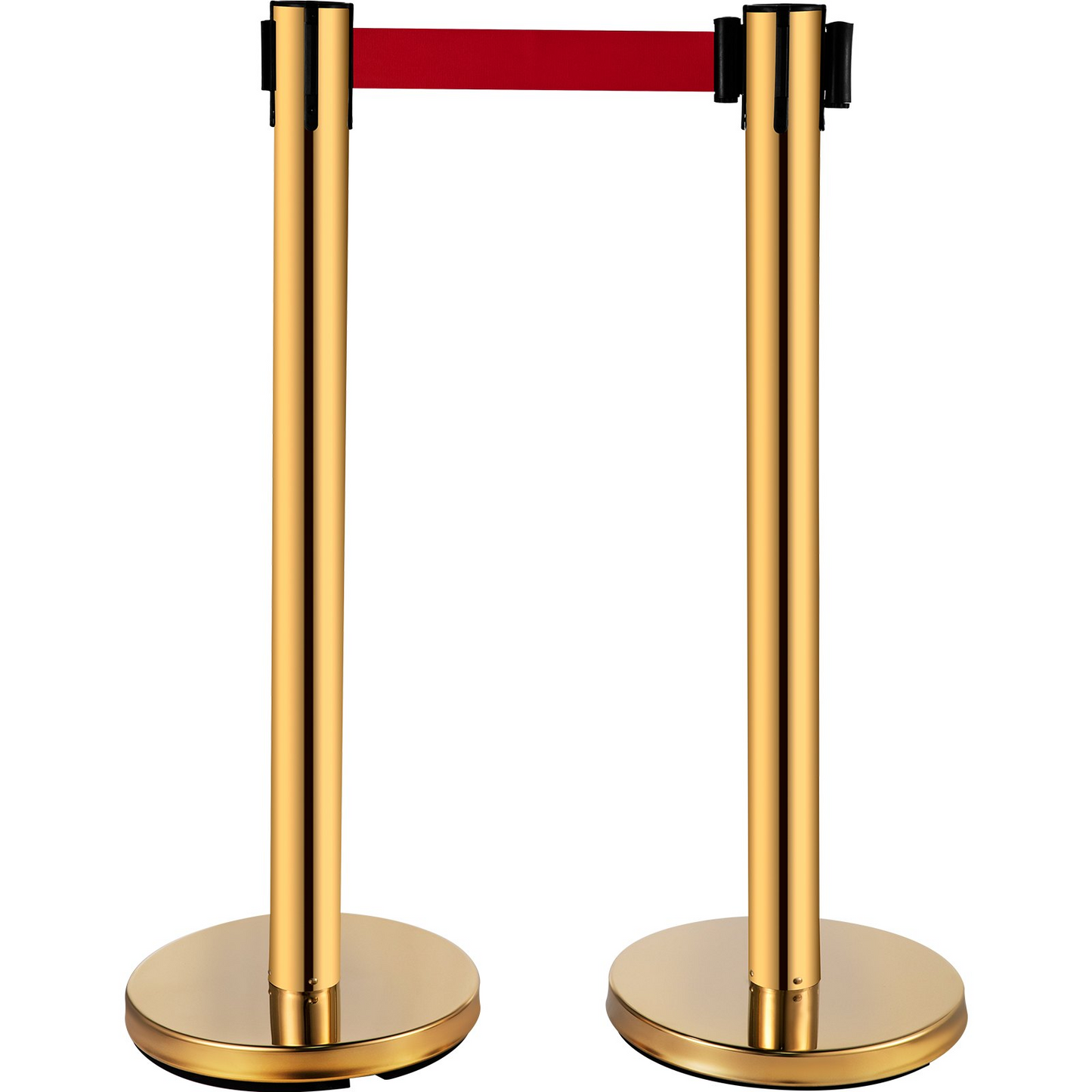 VEVOR Stanchion Post Barriers 4-Set Line Dividers, Stainless Steel Stanchions with 6.6 Red Retractable Belts, Stanchions with One Sign Frame, 34.6 Queue Safety Stanchions (Gold)