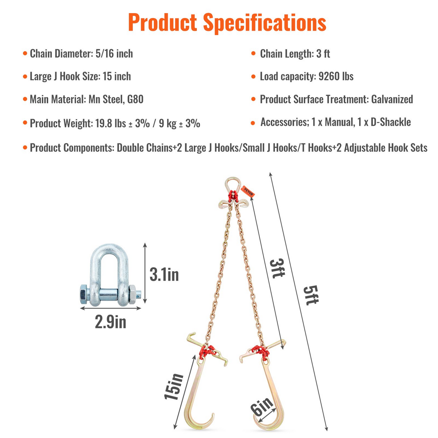 VEVOR V-Chain Bridle, 9620 lbs Working Load Limit, 5/16'' x 3' G80 Tow Chain with RTJ Cluster Hooks, DOT Certified, Galvanized Coating Manganese Steel & D-Shackle, for Lifting & Moving Activities