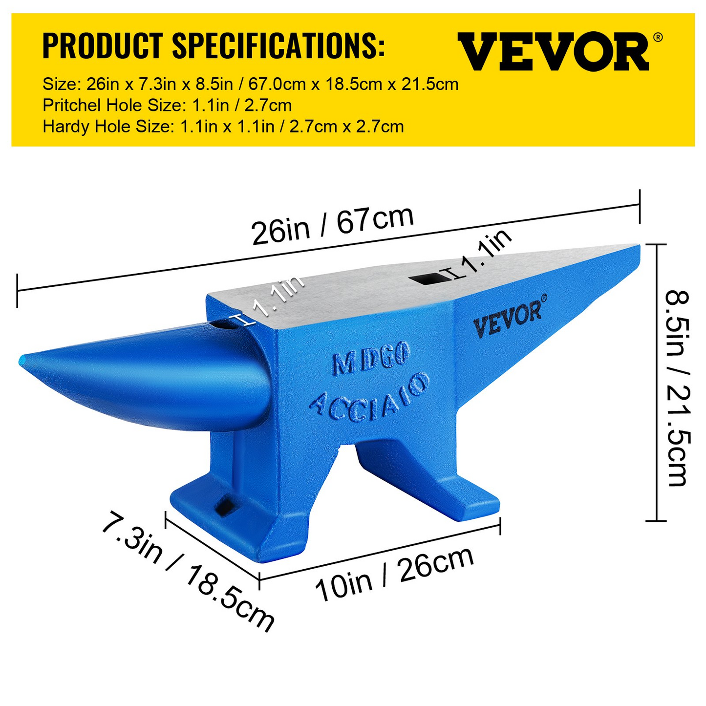 VEVOR Single Horn Anvil 132Lbs Cast Steel Anvil Blacksmith for Sale Forge Steel Tools W/ Round and Square Hole and Equipment Anvil Rugged Blacksmith Jewelers Durable and Robust Metal Working Tool