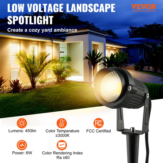 VEVOR Landscape Lighting, 6W Low Voltage LED Landscape Lights, IP66 Waterproof Landscape Spotlights Yard Lawn Garden Pathway Outdoor Lights 12V 24V 450LM Warm White 3000K (12 Pack with Connectors)