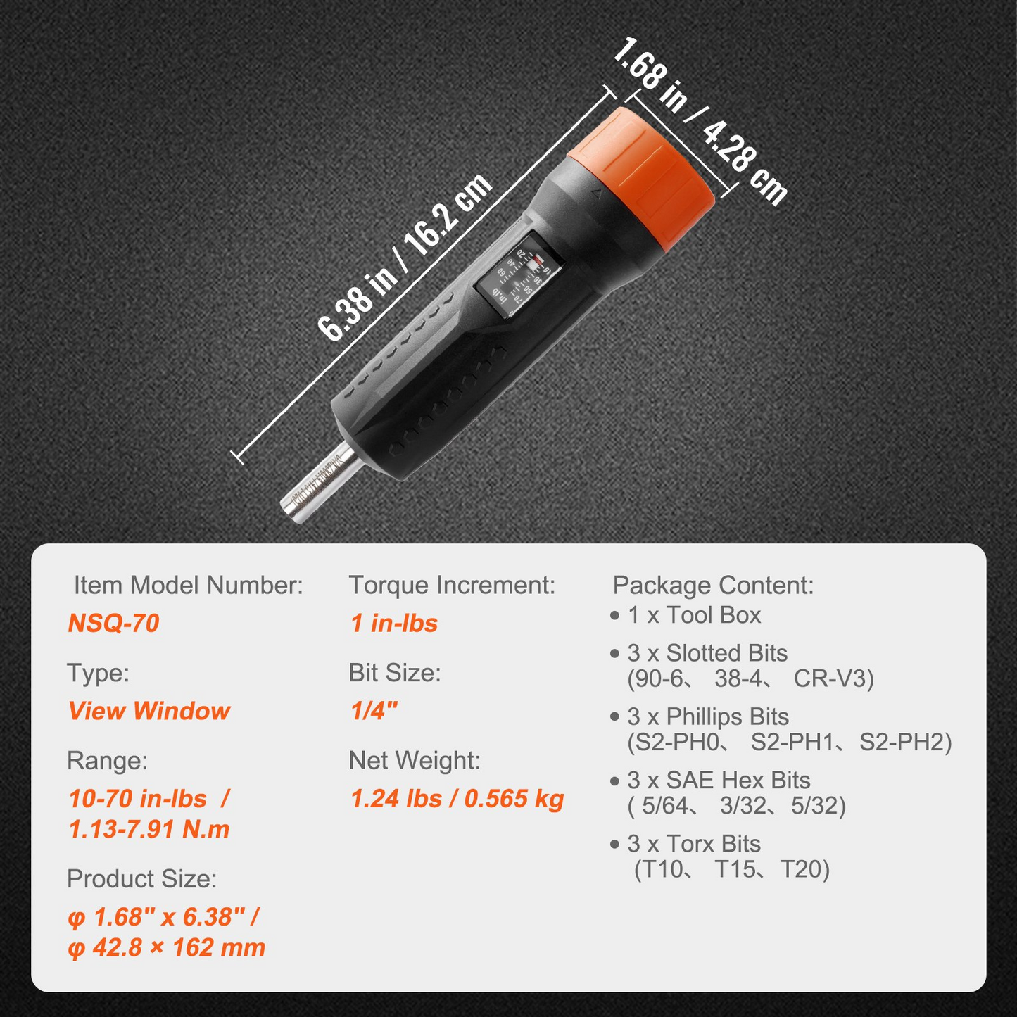 VEVOR 1/4" Drive Torque Screwdriver Wrench Set | 10-70 in-lbs Torque Adjustment Range | 1 in-lb Increment Torque Screwdriver | Driver Bits Set with View Window, 12 Bits & Case, Magnetic Function