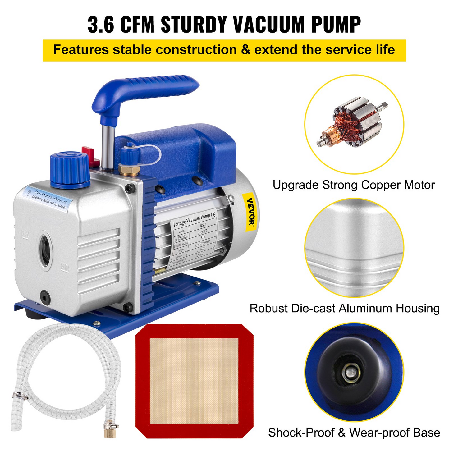 VEVOR Vacuum Pump 3.6CFM 1/4 HP Single Stages HVAC A/C Refrigeration Kit 5PA Ultimate Vacuum Manifold Gauge Set Including 3 Gallon Vacuum Chamber, Manifold Gauge and Hose for Air Conditioning Systems