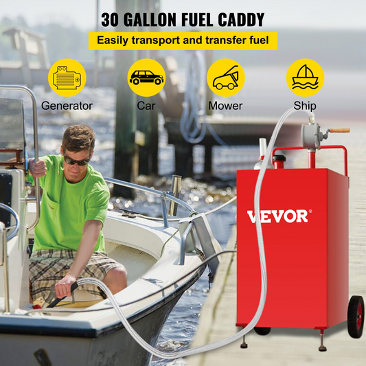 VEVOR 30 Gallon Fuel Caddy, Fuel Storage Tank on 2 Wheels, Portable Gas Caddy with Manuel Transfer Pump, Gasoline Diesel Fuel Container for Cars, Lawn Mowers, ATVs, Boats, More, Red