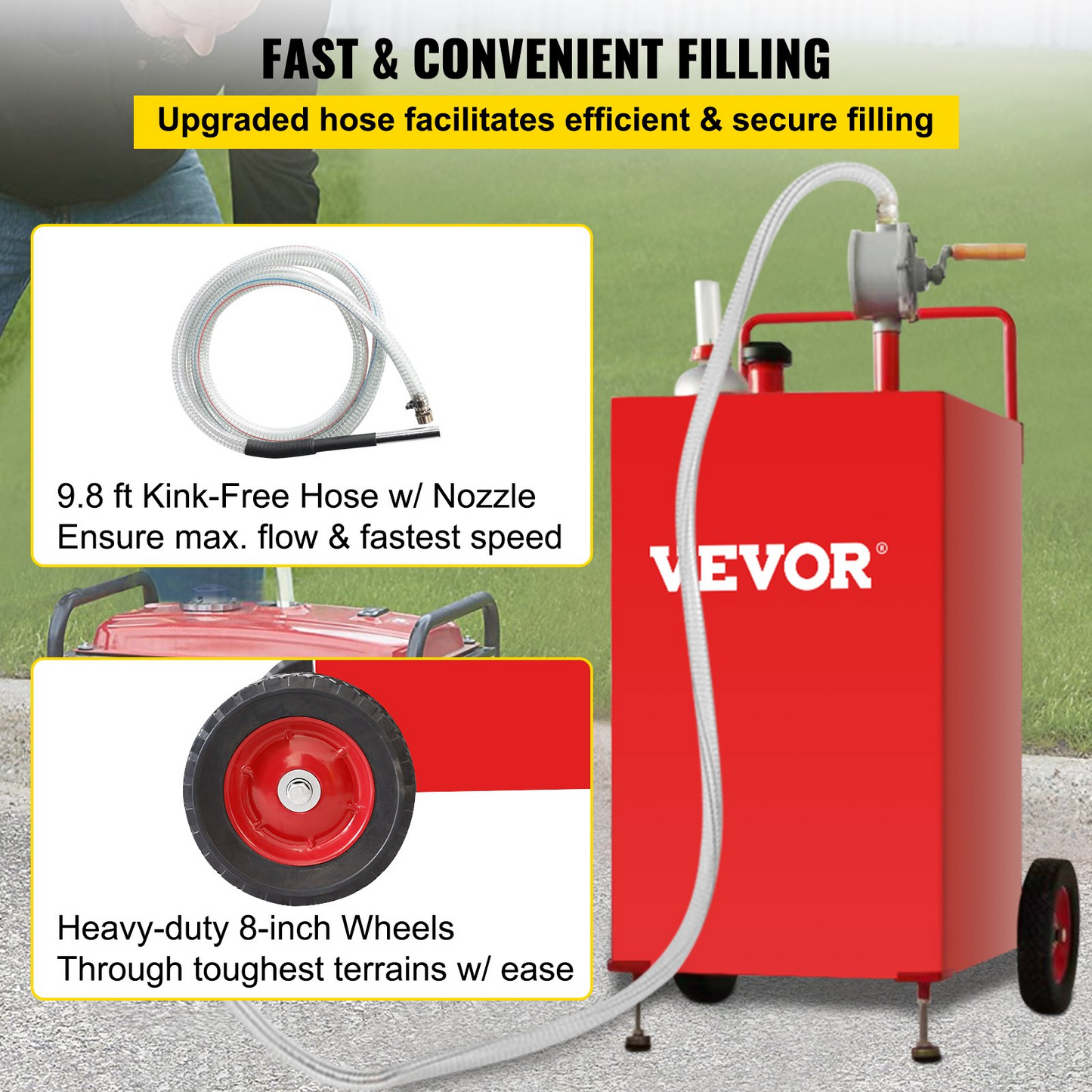 VEVOR 30 Gallon Fuel Caddy, Fuel Storage Tank on 2 Wheels, Portable Gas Caddy with Manuel Transfer Pump, Gasoline Diesel Fuel Container for Cars, Lawn Mowers, ATVs, Boats, More, Red