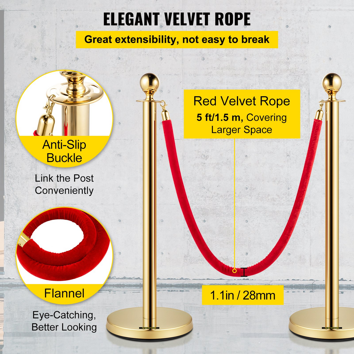 VEVOR Velvet Ropes and Posts, 5 ft/1.5 m Red Rope, Stainless Steel Gold Stanchion with Ball Top, Red Crowd Control Barrier Used for Theaters, Party, Wedding, Exhibition, Ticket Offices 2 Pack Sets